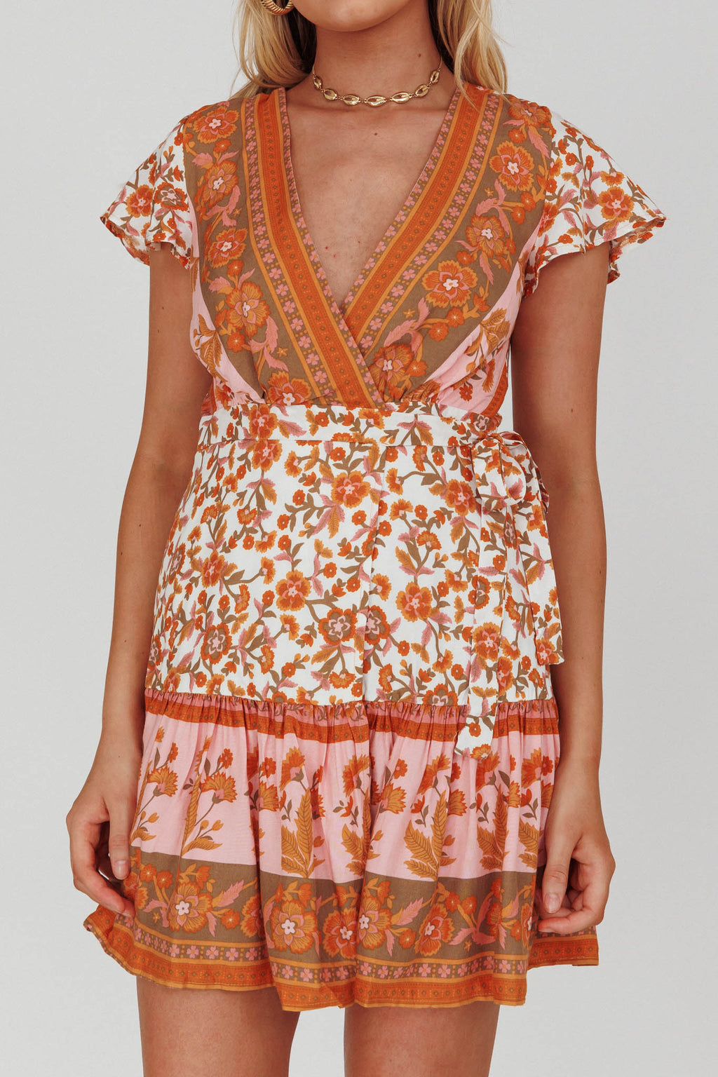 Mayan Angel Sleeve Waist Tie Wrap Dress Floral White/Pink by Selfie Leslie