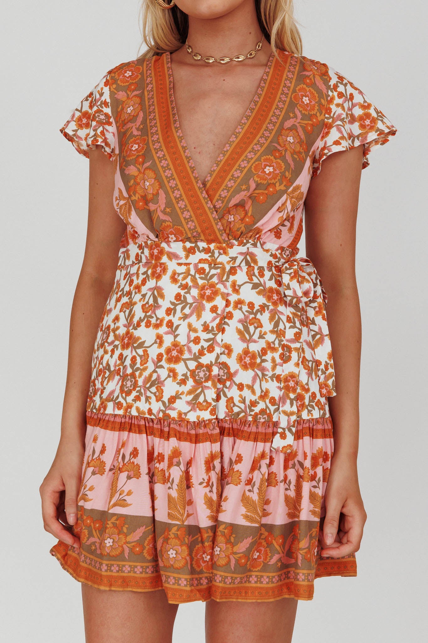 Mayan Angel Sleeve Waist Tie Wrap Dress Floral White/Pink by Selfie Leslie