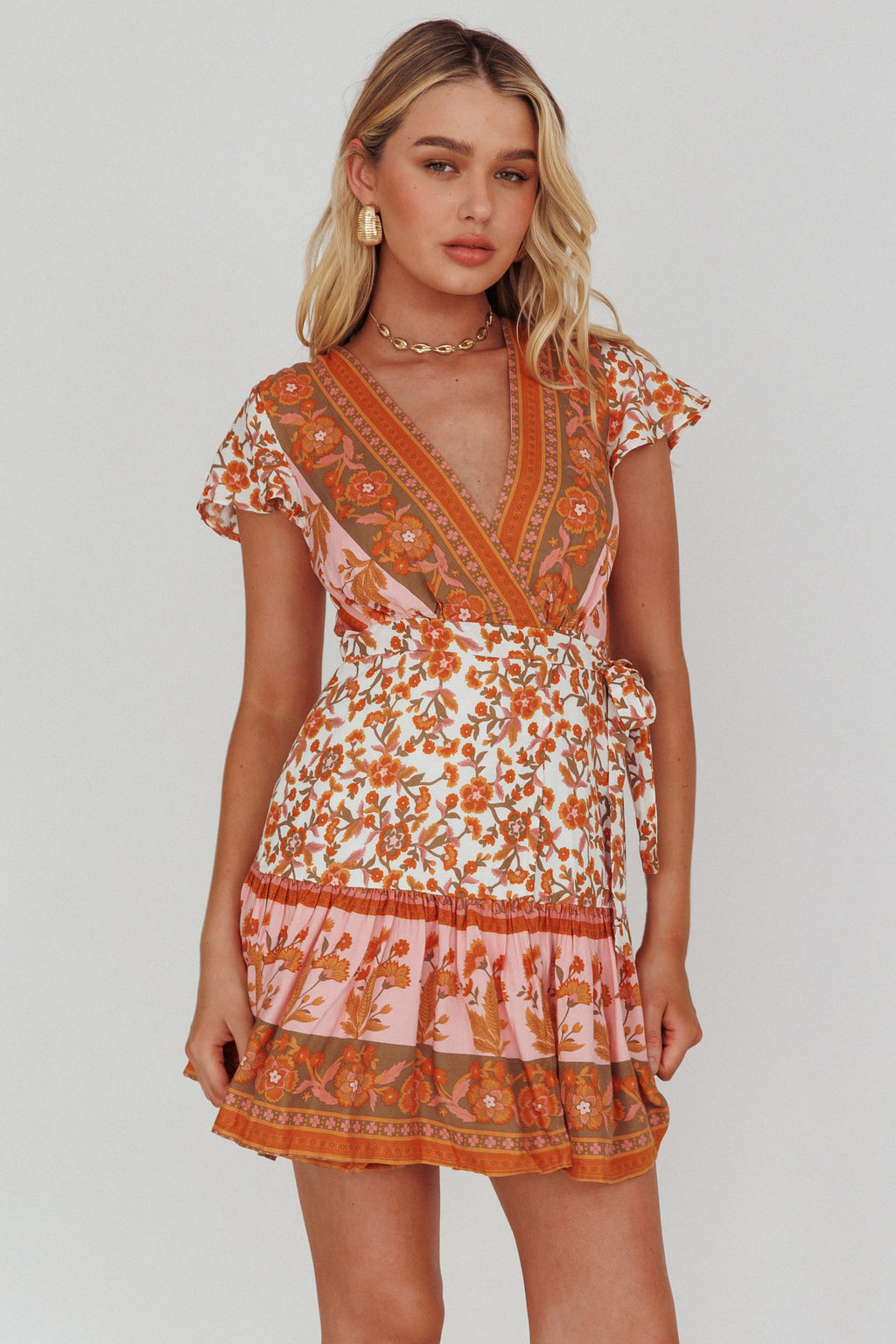 Mayan Angel Sleeve Waist Tie Wrap Dress Floral White/Pink by Selfie Leslie