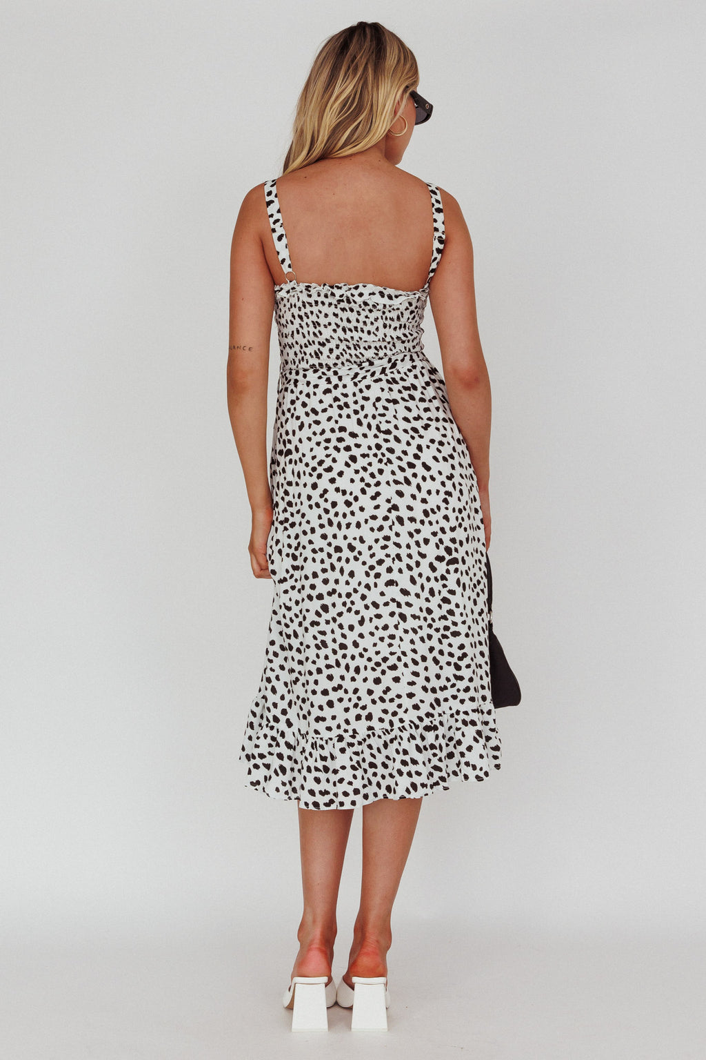 Honey Shirred Frill Midi Dress White/Black by Selfie Leslie