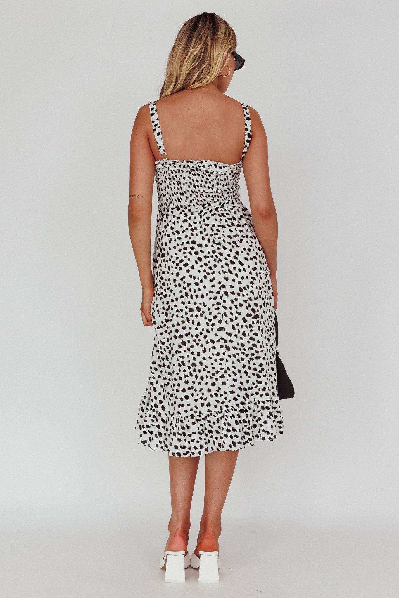 Honey Shirred Frill Midi Dress White/Black by Selfie Leslie