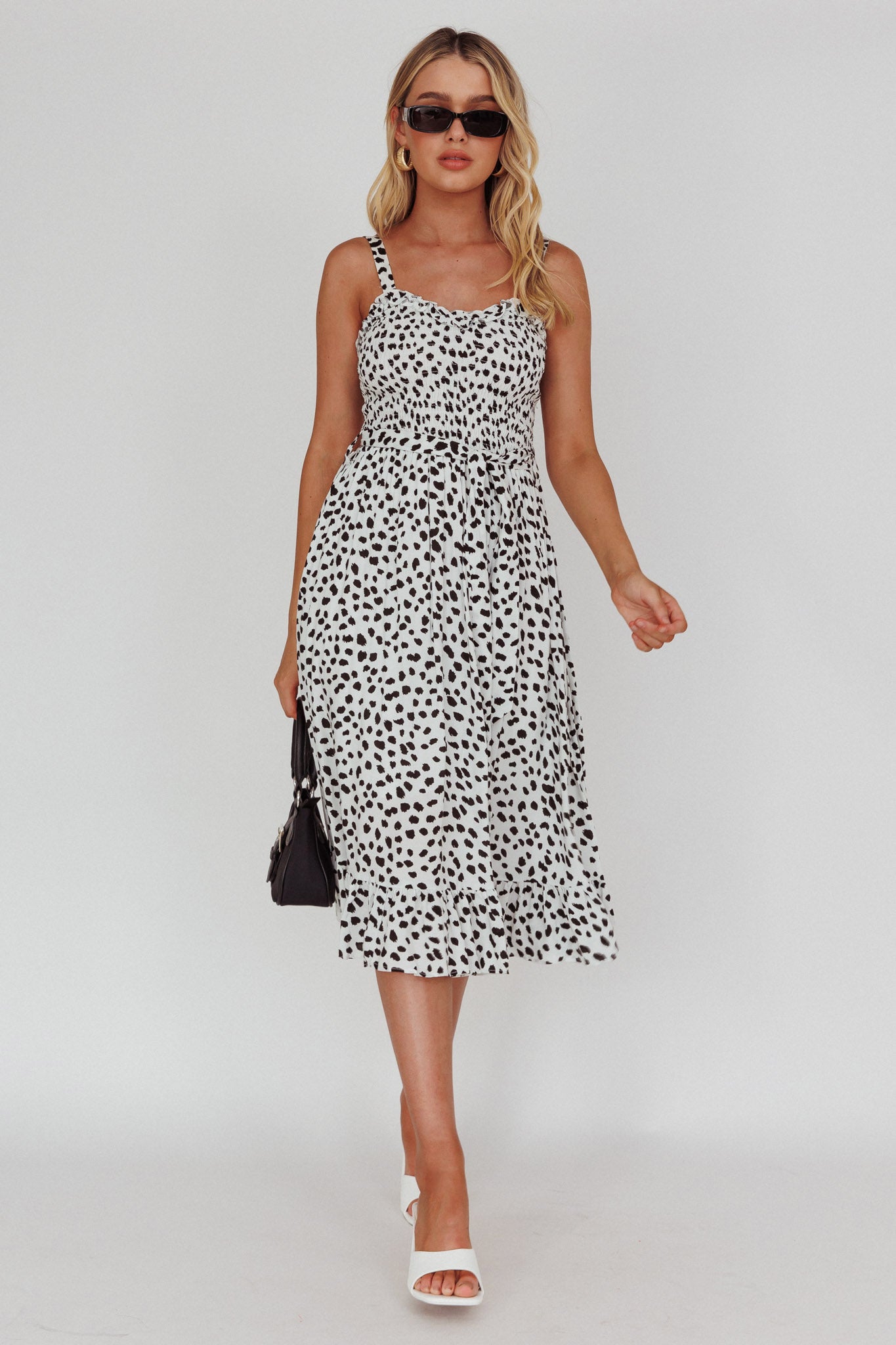 Honey Shirred Frill Midi Dress White/Black by Selfie Leslie