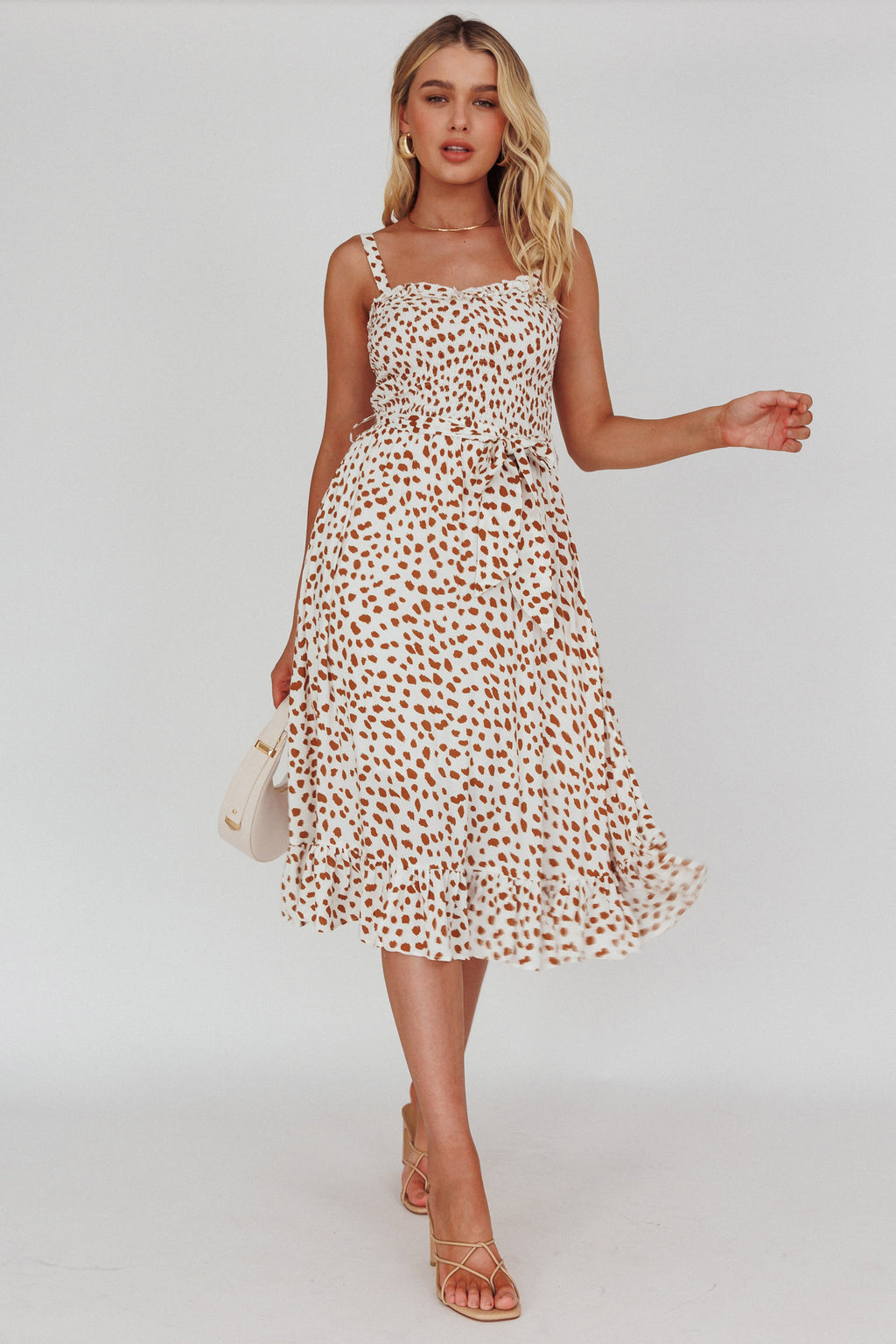 Honey Shirred Frill Midi Dress White/Brown by Selfie Leslie