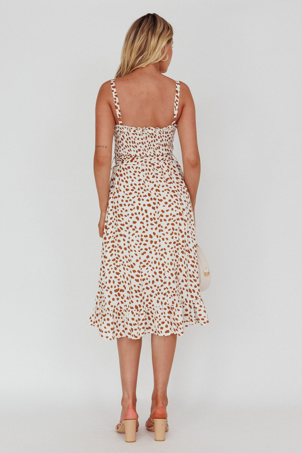 Honey Shirred Frill Midi Dress White/Brown by Selfie Leslie