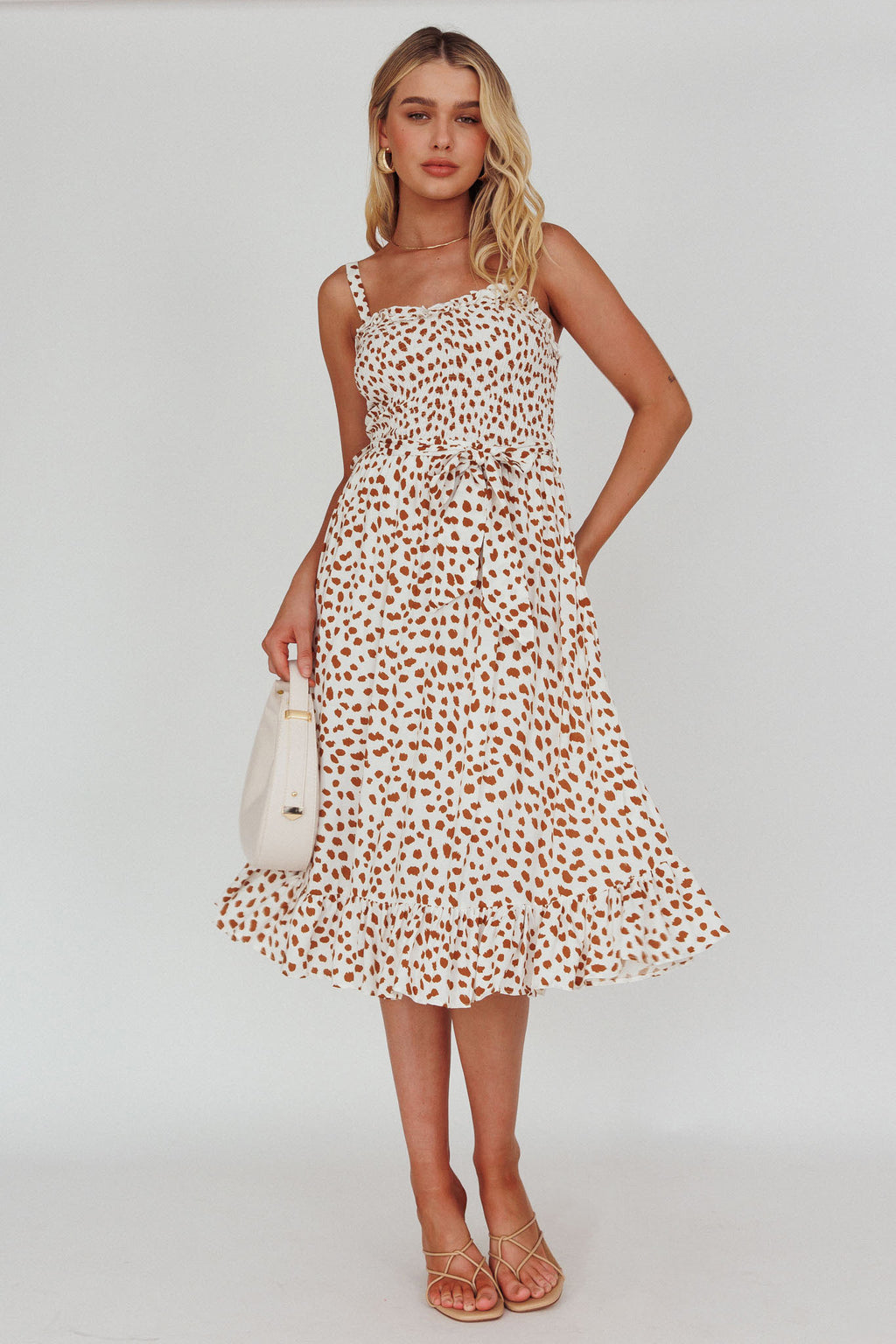 Honey Shirred Frill Midi Dress White/Brown by Selfie Leslie