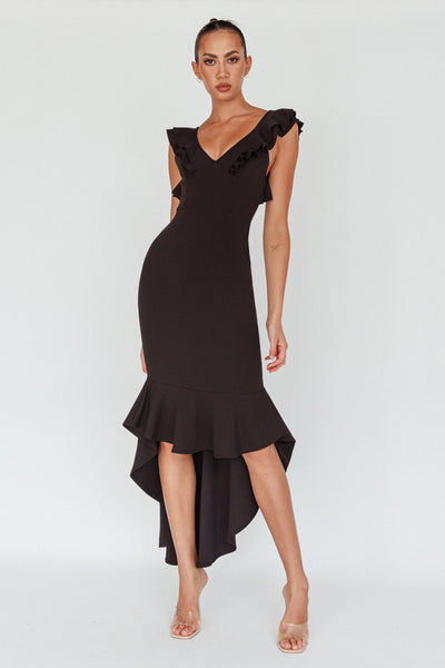 Pearl Ruffle Strap High-Low Hem Dress Black | Selfie Leslie Pearl Ruffle Strap High-Low Hem Dress Black | Selfie Leslie