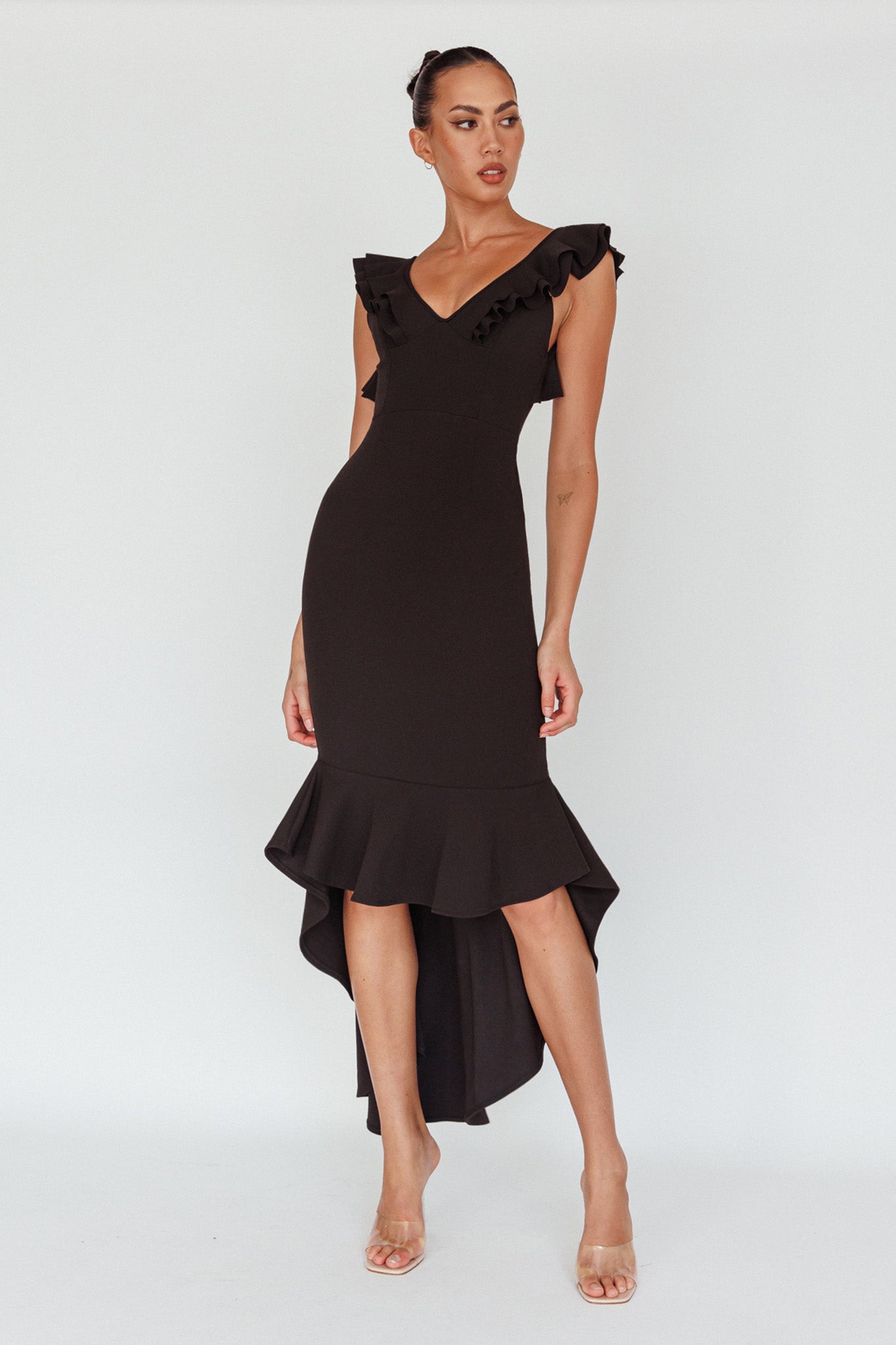 Pearl Ruffle Strap High-Low Hem Dress Black by Selfie Leslie