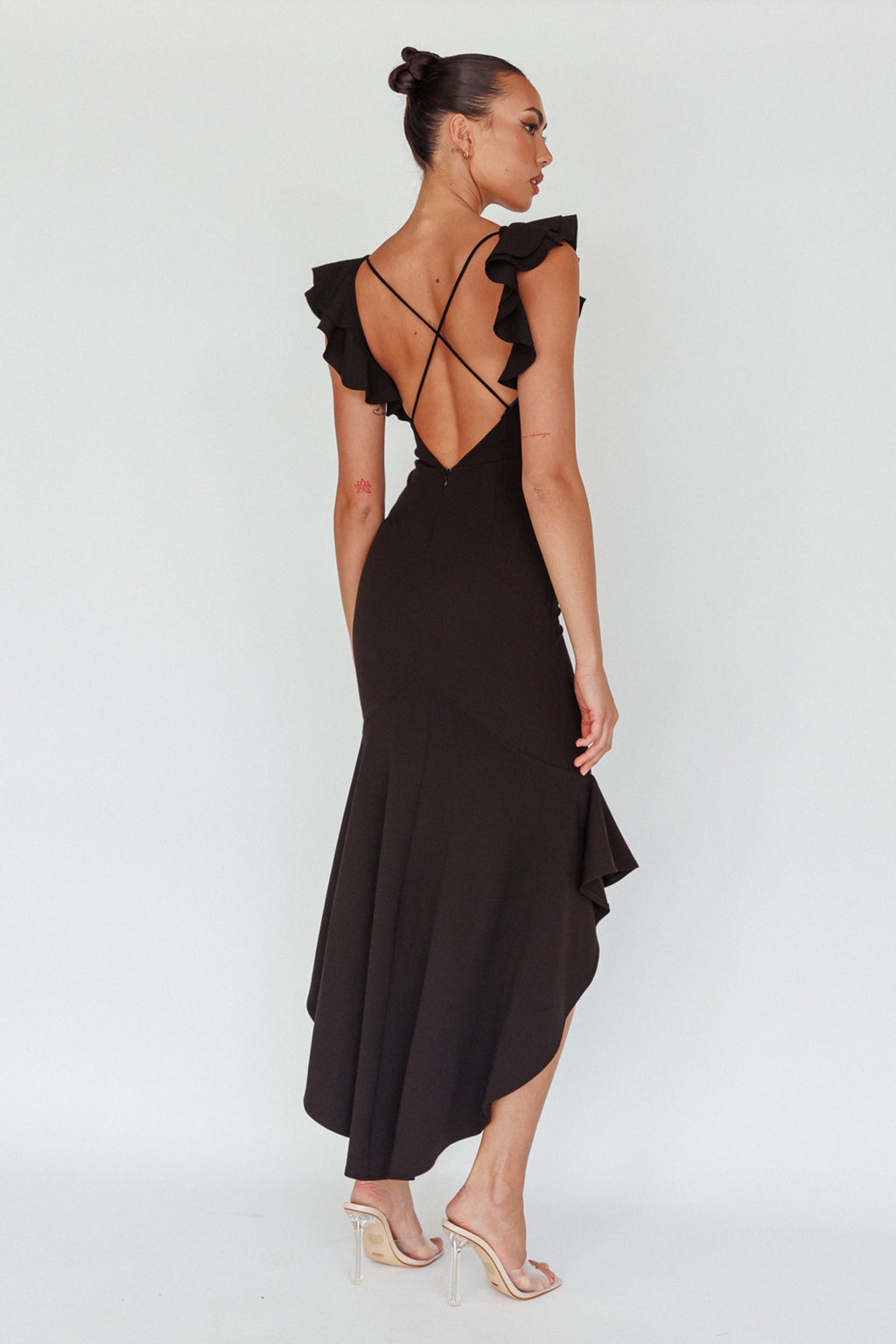 Pearl Ruffle Strap High-Low Hem Dress Black by Selfie Leslie