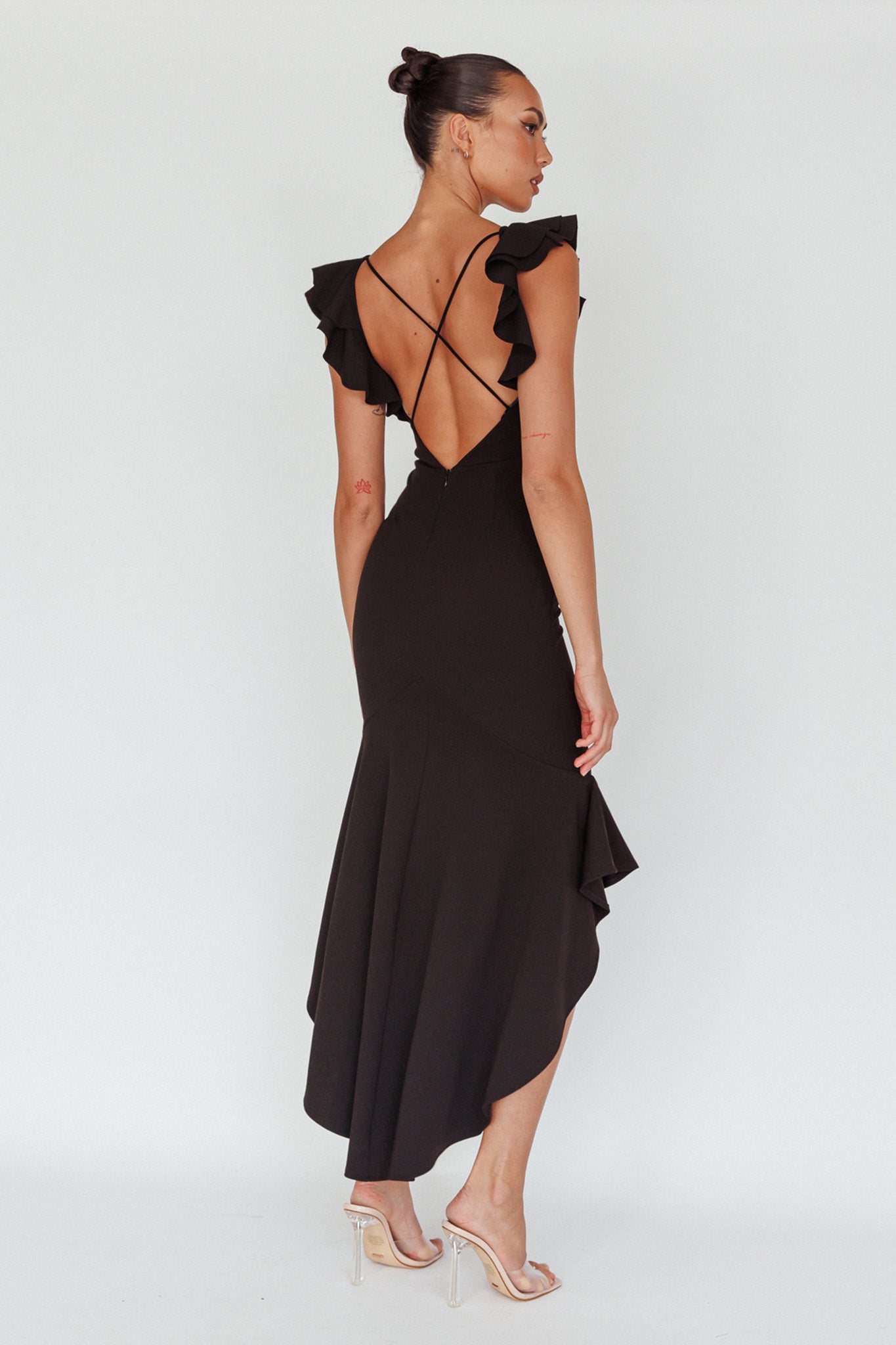 Pearl Ruffle Strap High-Low Hem Dress Black by Selfie Leslie