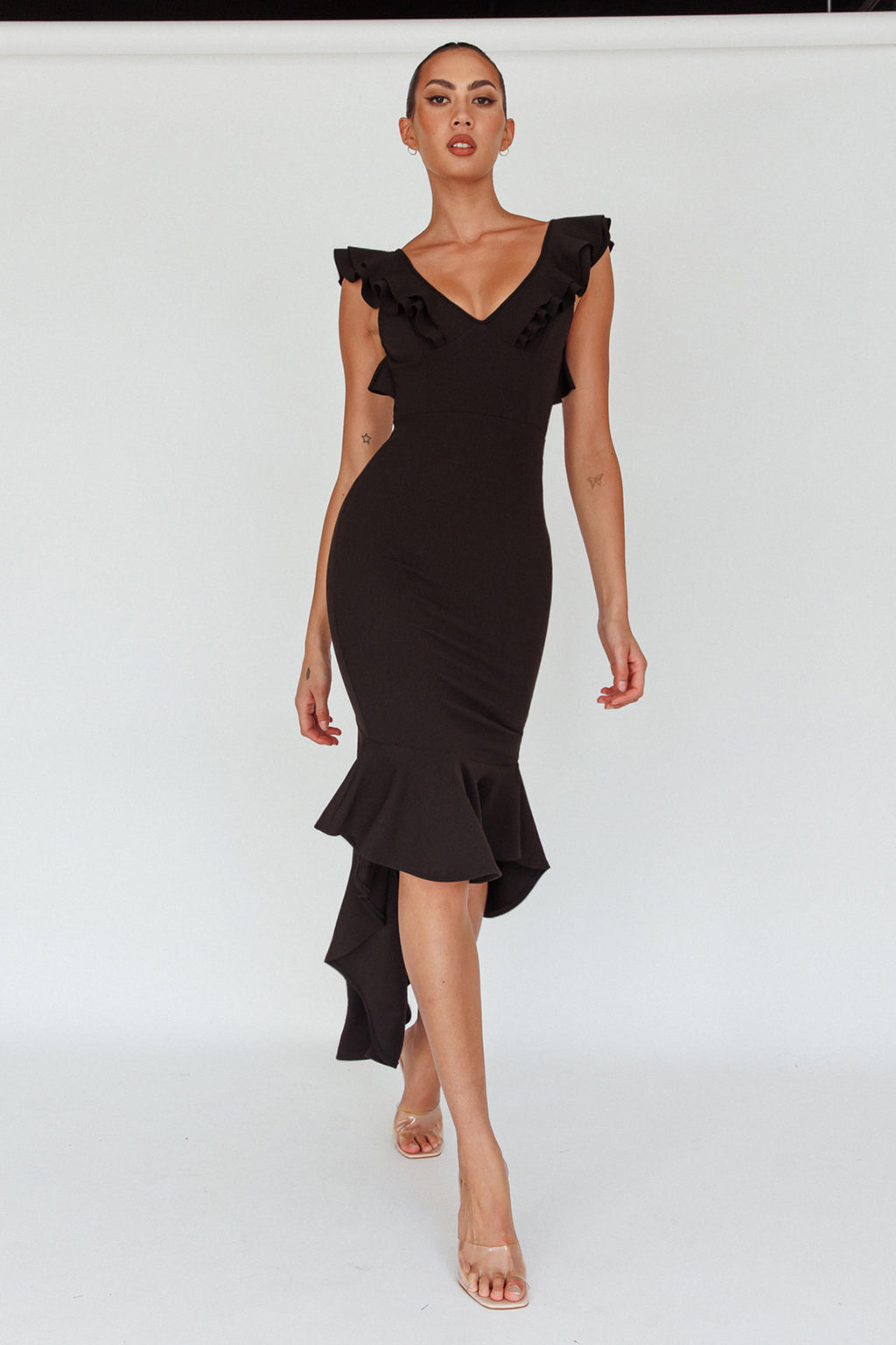 Pearl Ruffle Strap High-Low Hem Dress Black by Selfie Leslie