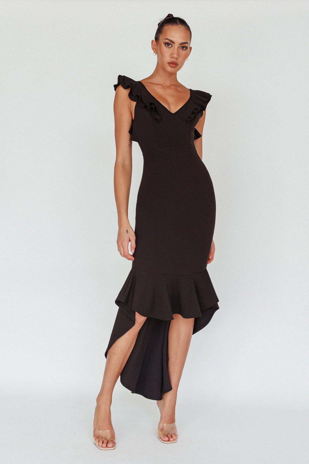 Pearl Ruffle Strap High-Low Hem Dress Black by Selfie Leslie