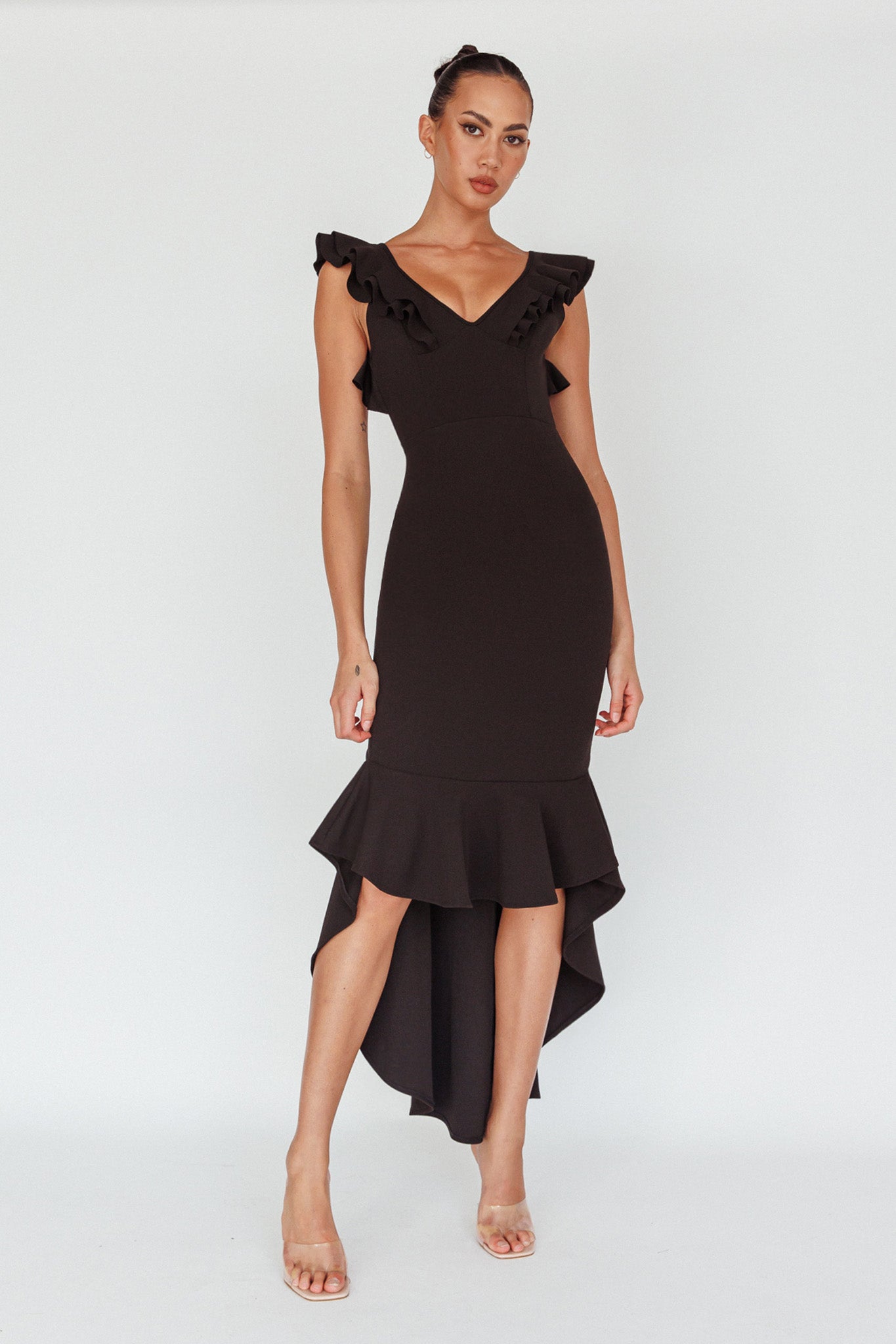 Pearl Ruffle Strap High-Low Hem Dress Black by Selfie Leslie