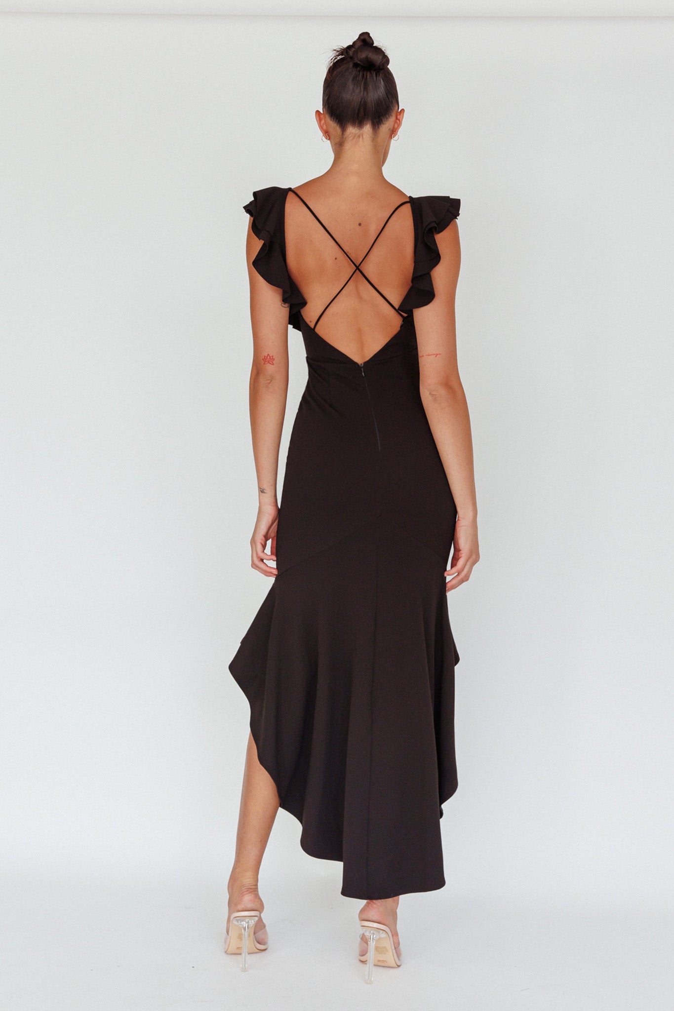 Pearl Ruffle Strap High-Low Hem Dress Black by Selfie Leslie