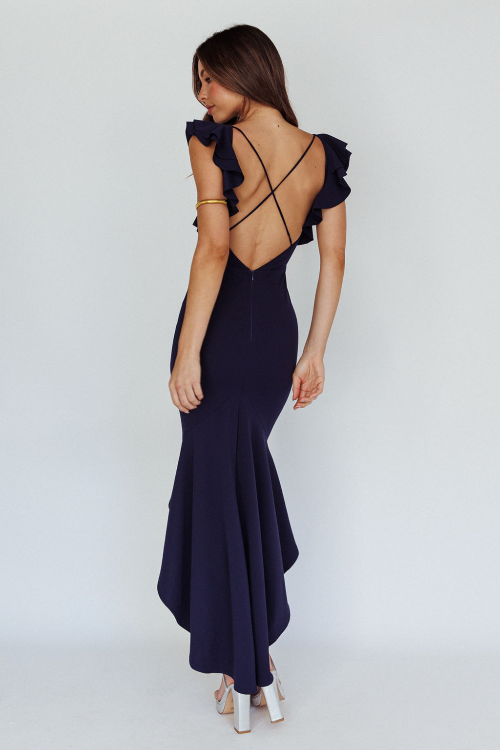 Pearl Ruffle Strap High-Low Hem Dress Navy by Selfie Leslie