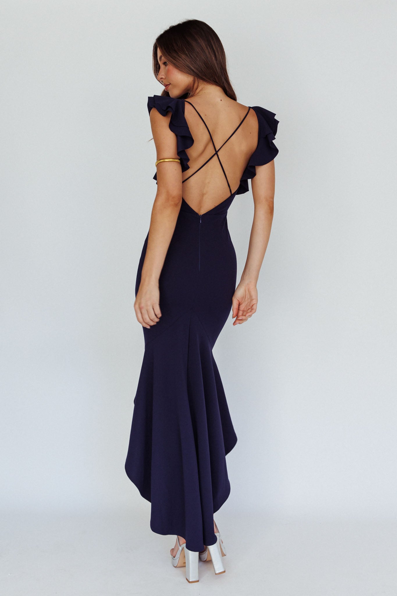Pearl Ruffle Strap High-Low Hem Dress Navy by Selfie Leslie