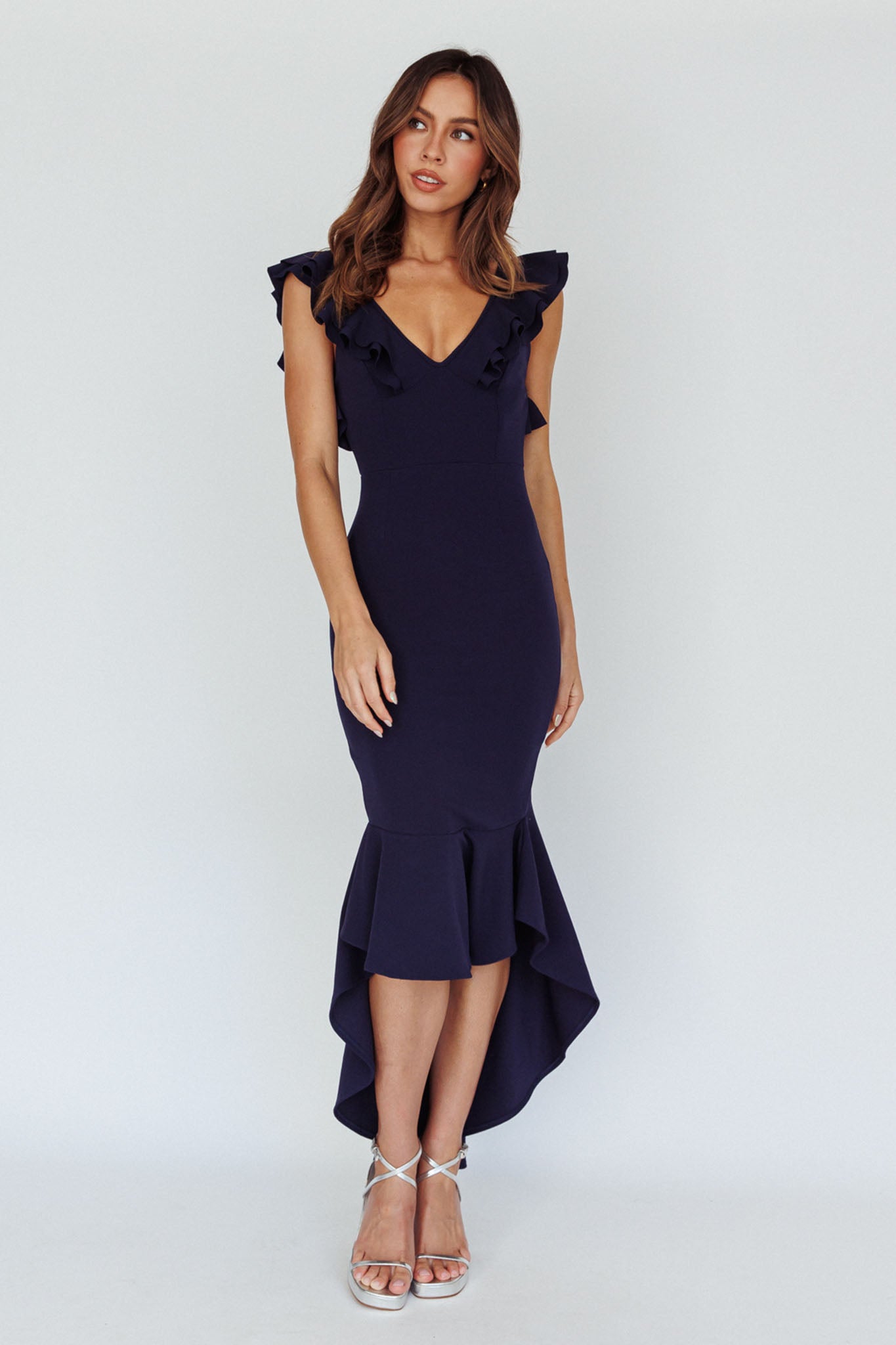 Pearl Ruffle Strap High-Low Hem Dress Navy by Selfie Leslie