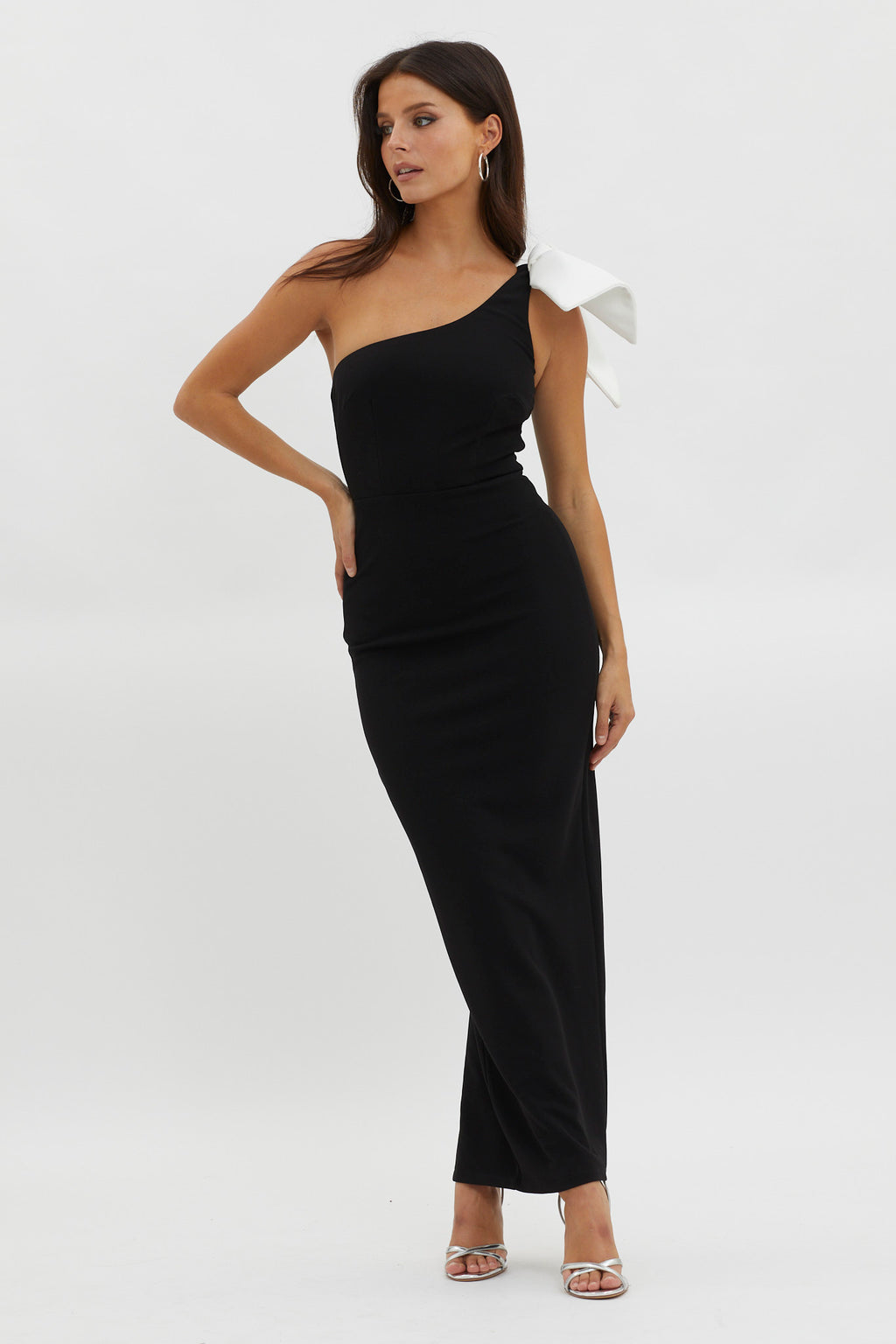 Tiffany One-Shoulder Bow Maxi Dress Black by Selfie Leslie