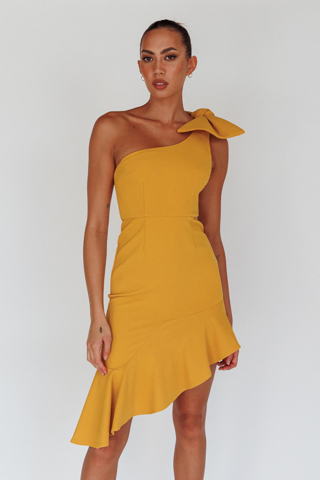 Tiffany One-Shoulder Bow Dress Mustard by Selfie Leslie