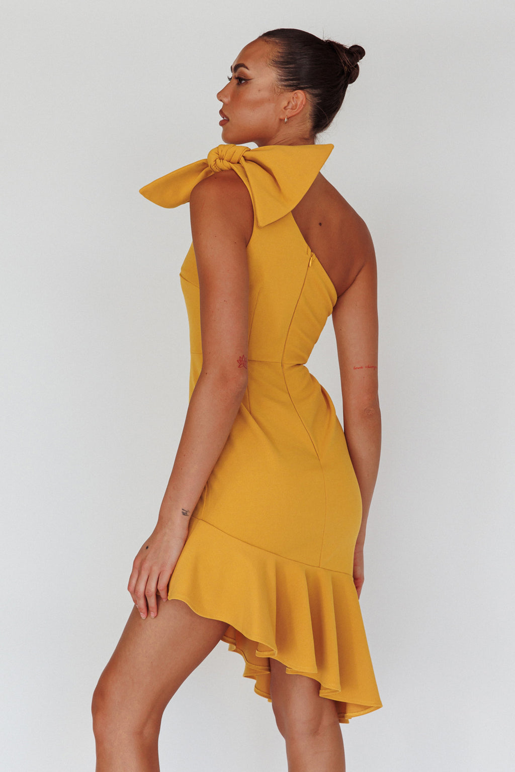 Tiffany One-Shoulder Bow Dress Mustard by Selfie Leslie
