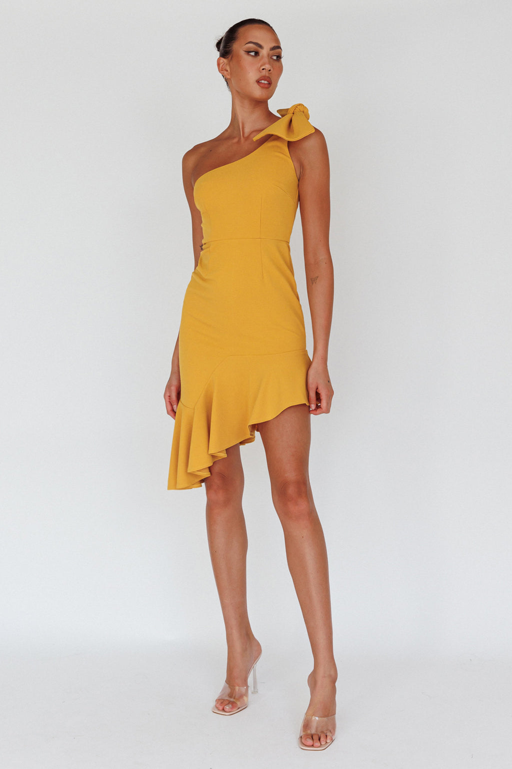 Tiffany One-Shoulder Bow Dress Mustard by Selfie Leslie