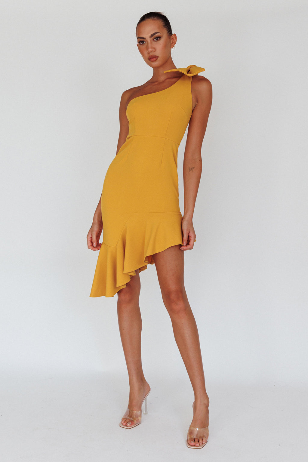 Tiffany One-Shoulder Bow Dress Mustard by Selfie Leslie