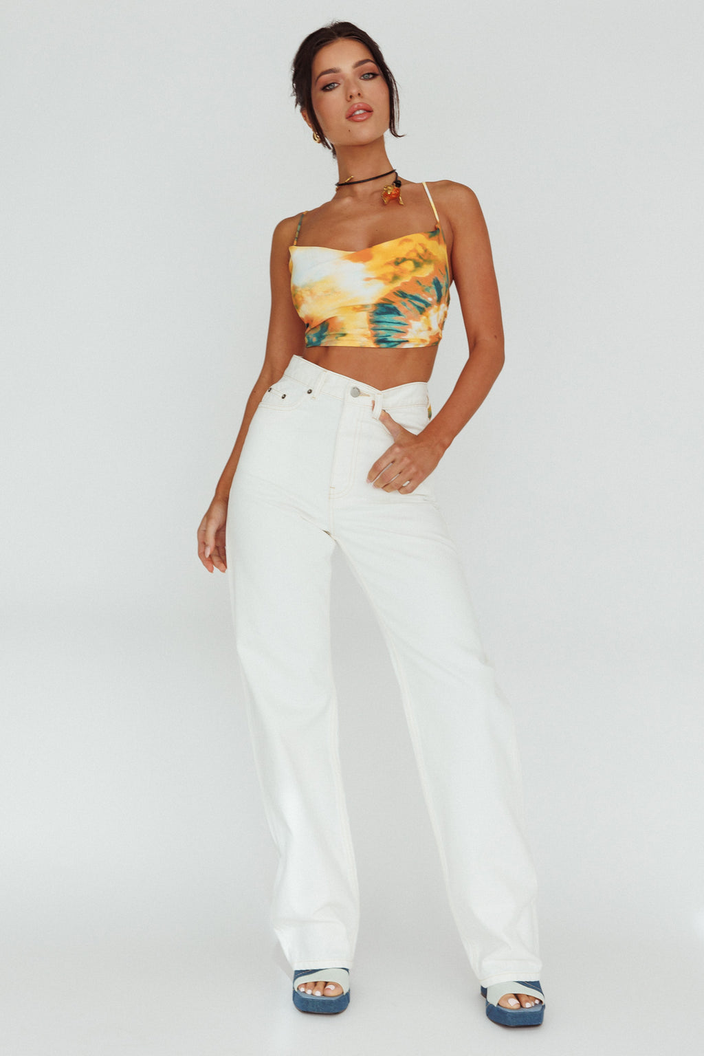 Show Me Love Cowl Neck Tied Back Crop Top Tie-Dye Yellow by Selfie Leslie