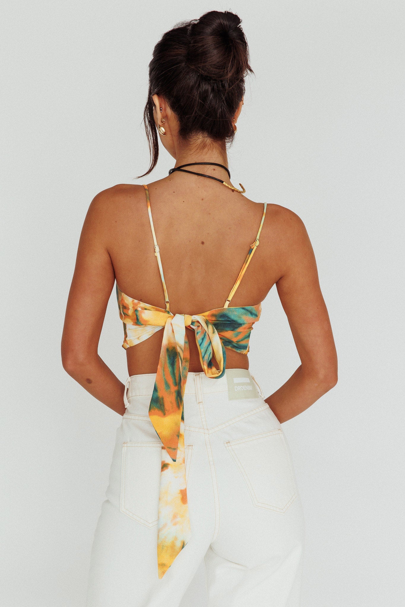 Show Me Love Cowl Neck Tied Back Crop Top Tie-Dye Yellow by Selfie Leslie
