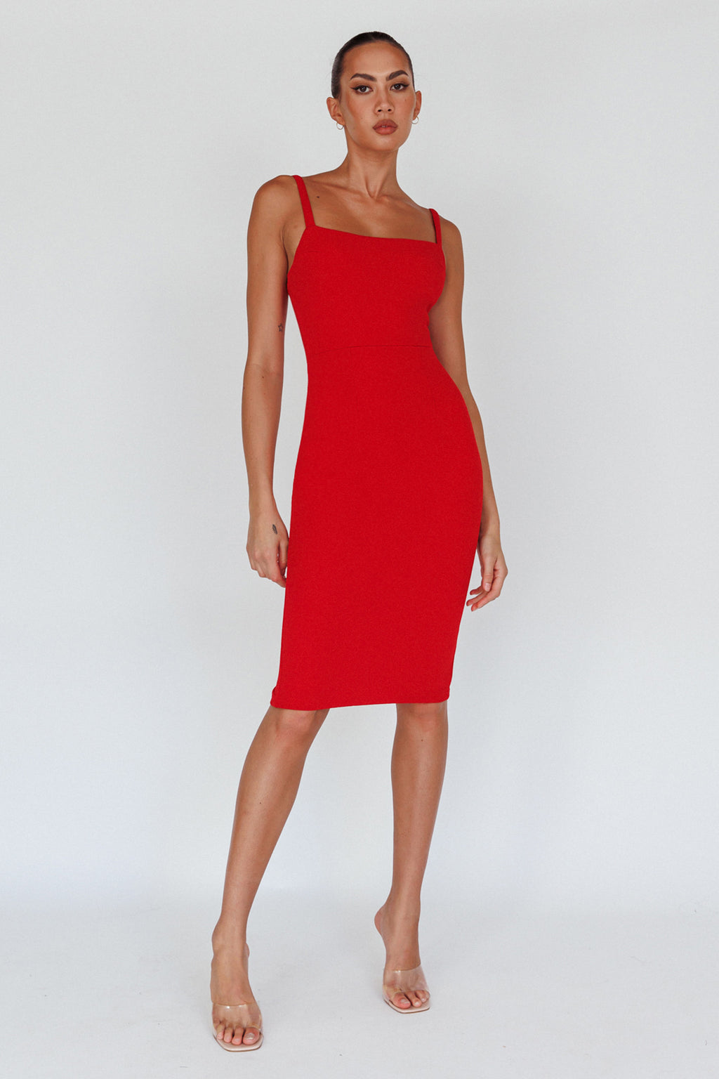 Georgia Square Neckline Midi Dress Red by Selfie Leslie