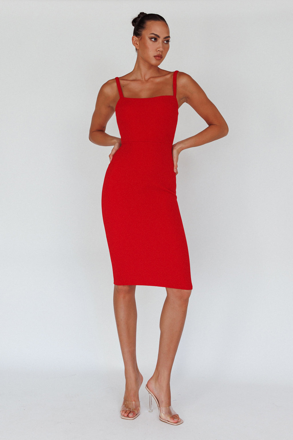 Georgia Square Neckline Midi Dress Red by Selfie Leslie