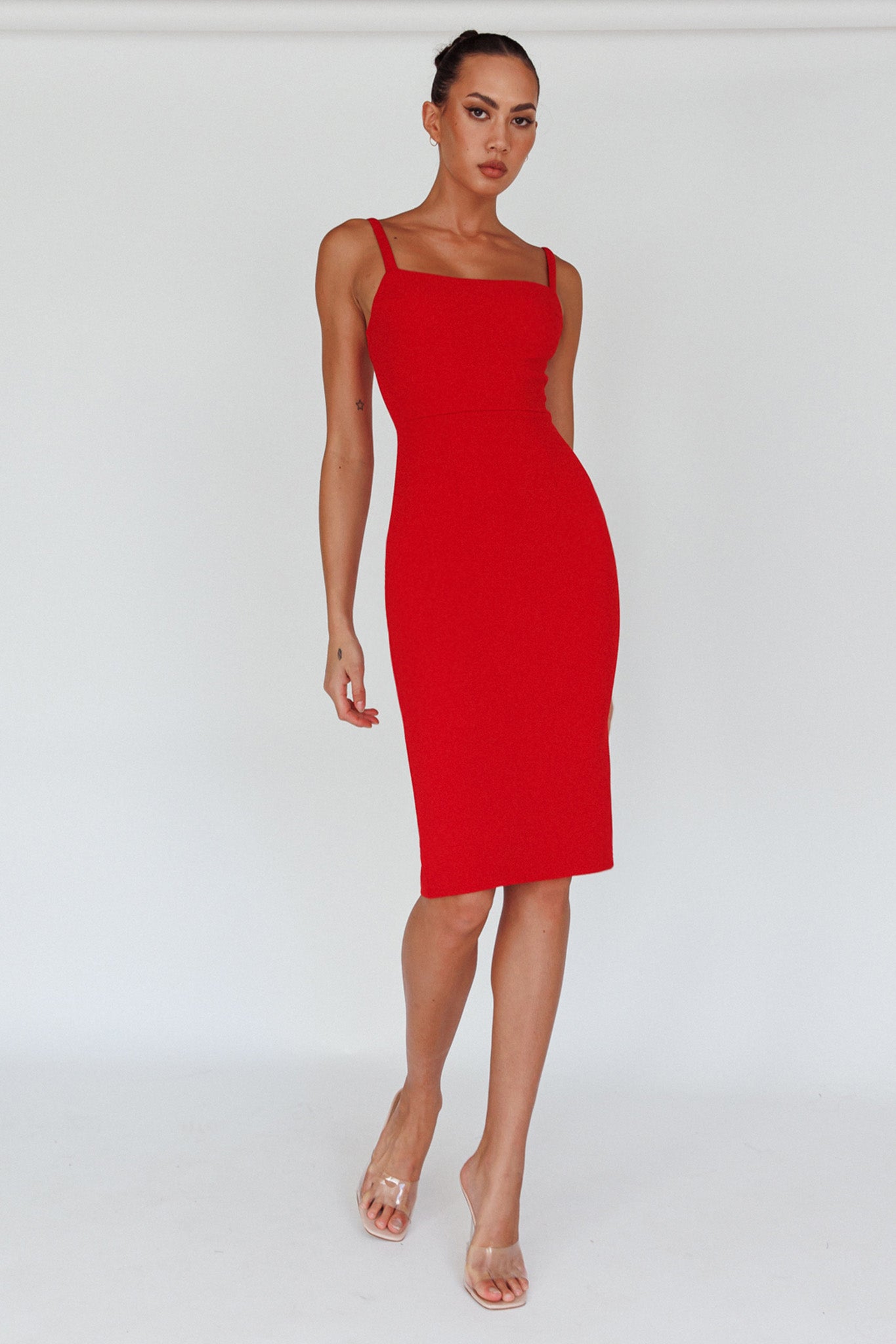 Georgia Square Neckline Midi Dress Red by Selfie Leslie