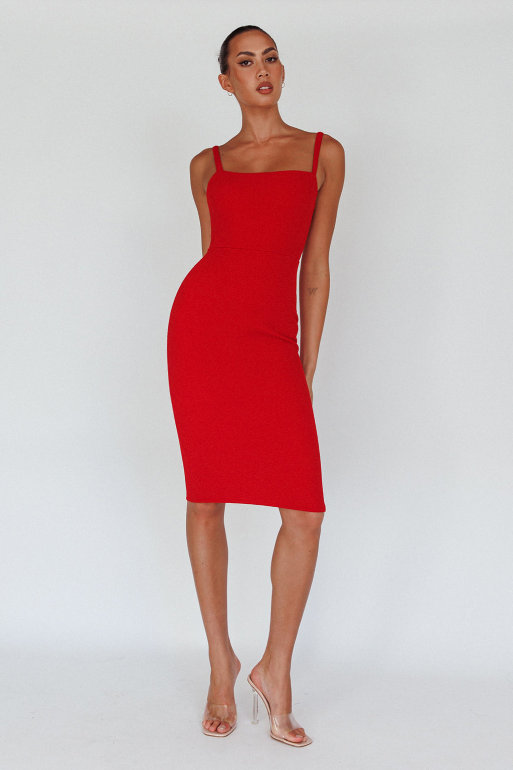 Georgia Square Neckline Midi Dress Red by Selfie Leslie