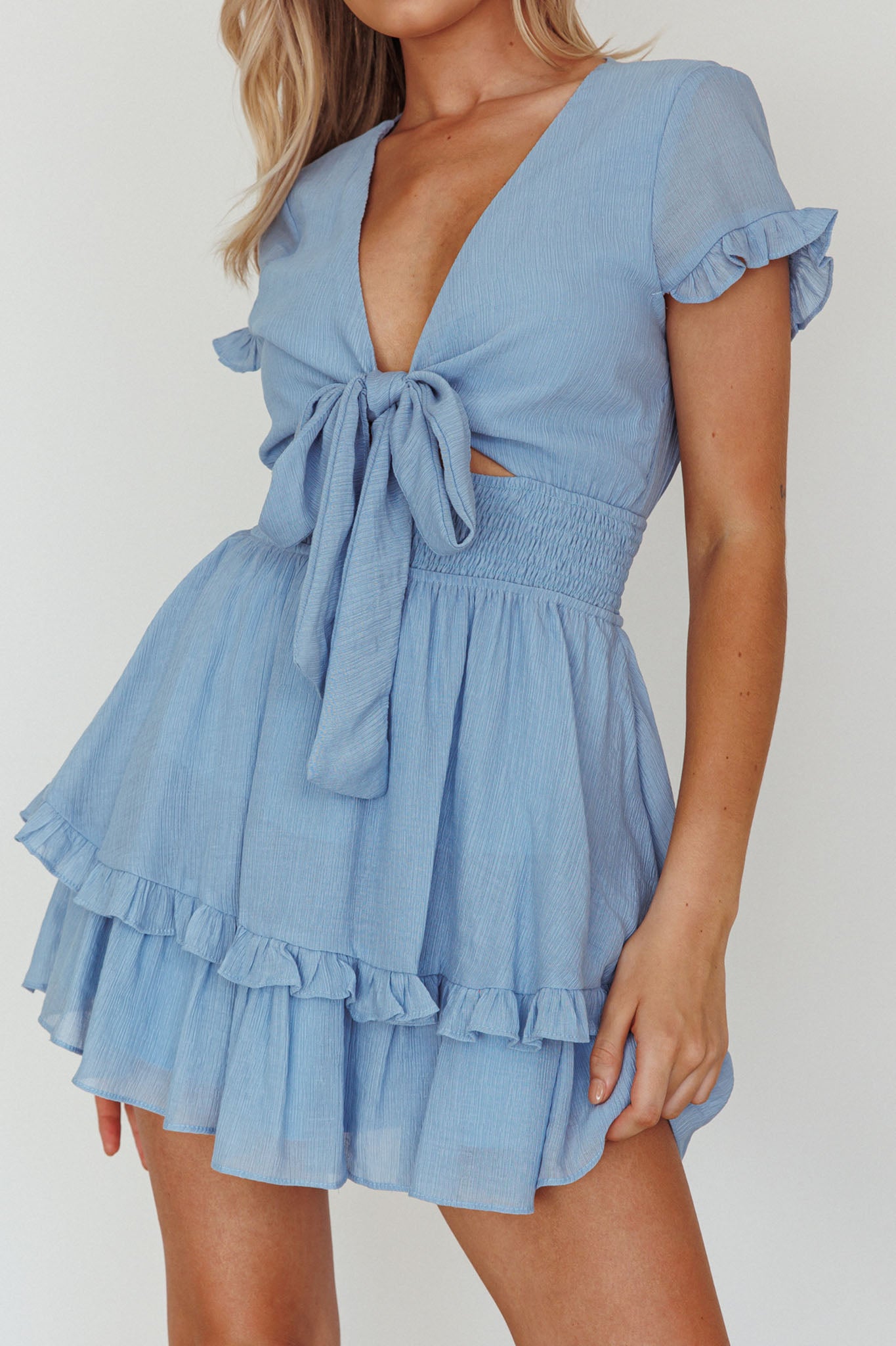 Anthea Bow-Tie Short Sleeve Frill Dress Cerulean by Selfie Leslie