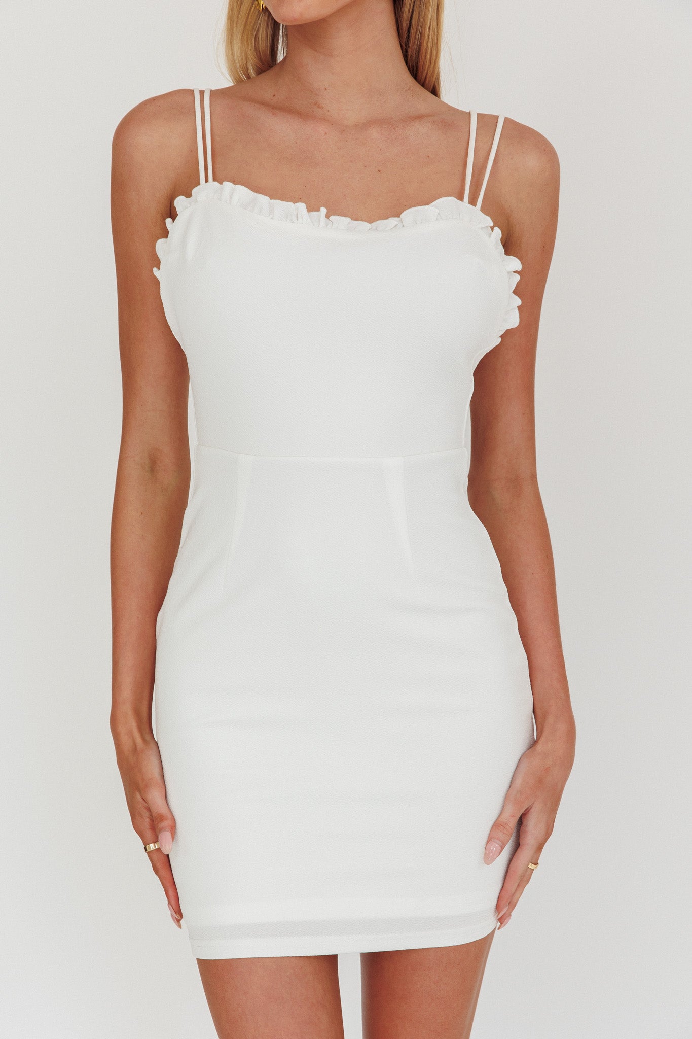 Cher Frill Neckline Double Strap Mini Dress White by Selfie Leslie