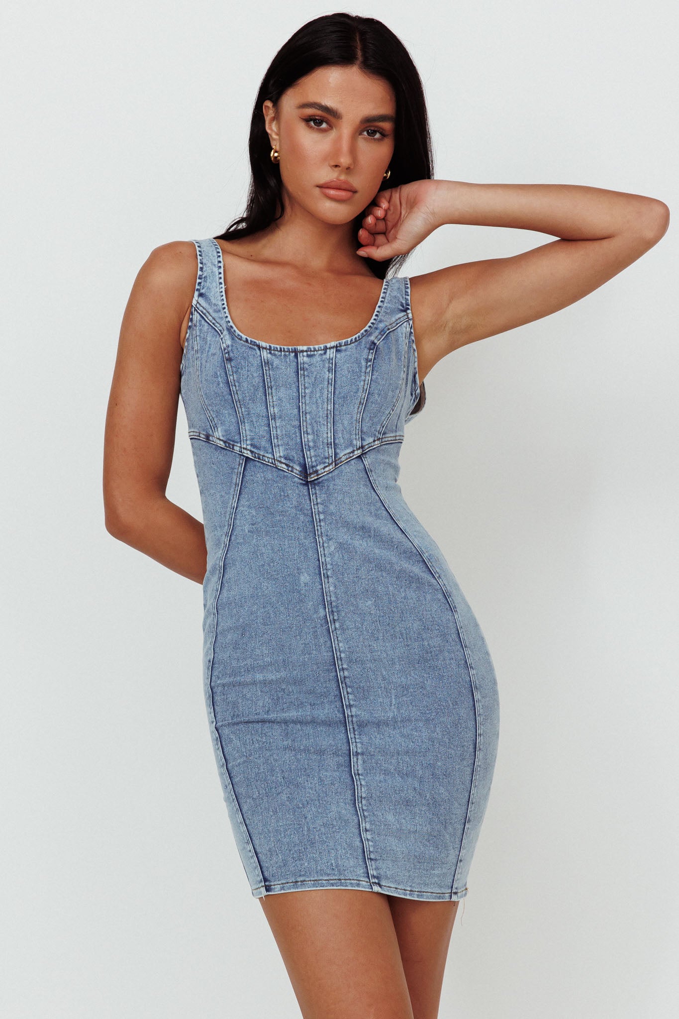 Laramy Low Back Mini Dress Washed Blue by Selfie Leslie