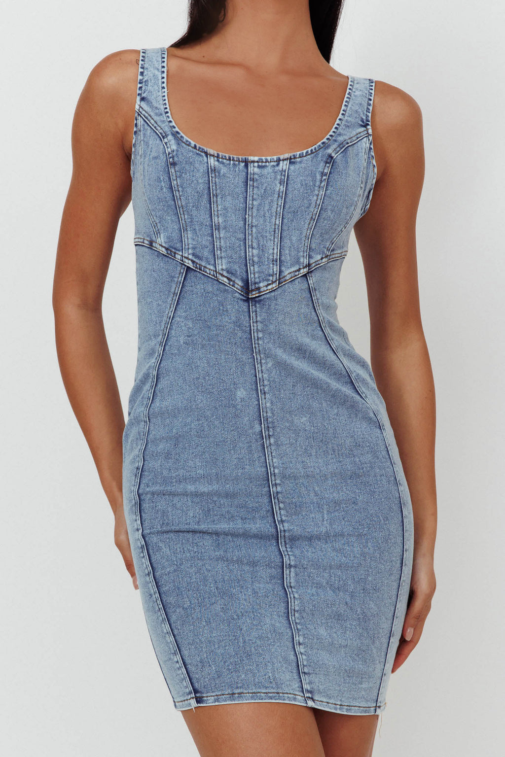 Laramy Low Back Mini Dress Washed Blue by Selfie Leslie