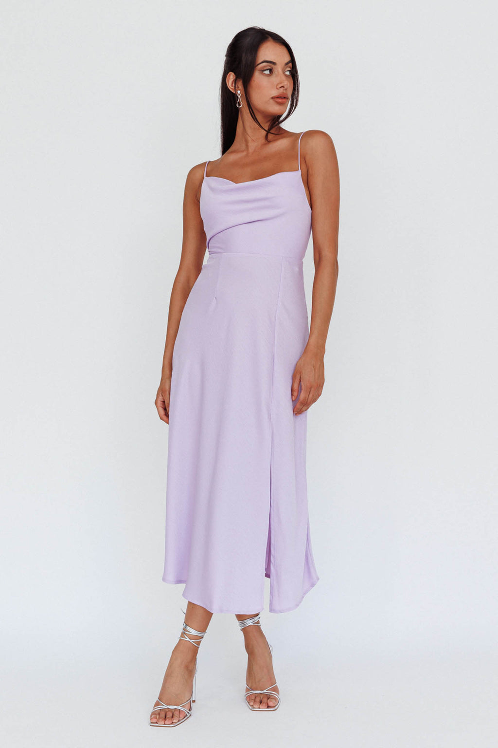 Suki Front Split Midi Dress Lilac by Selfie Leslie