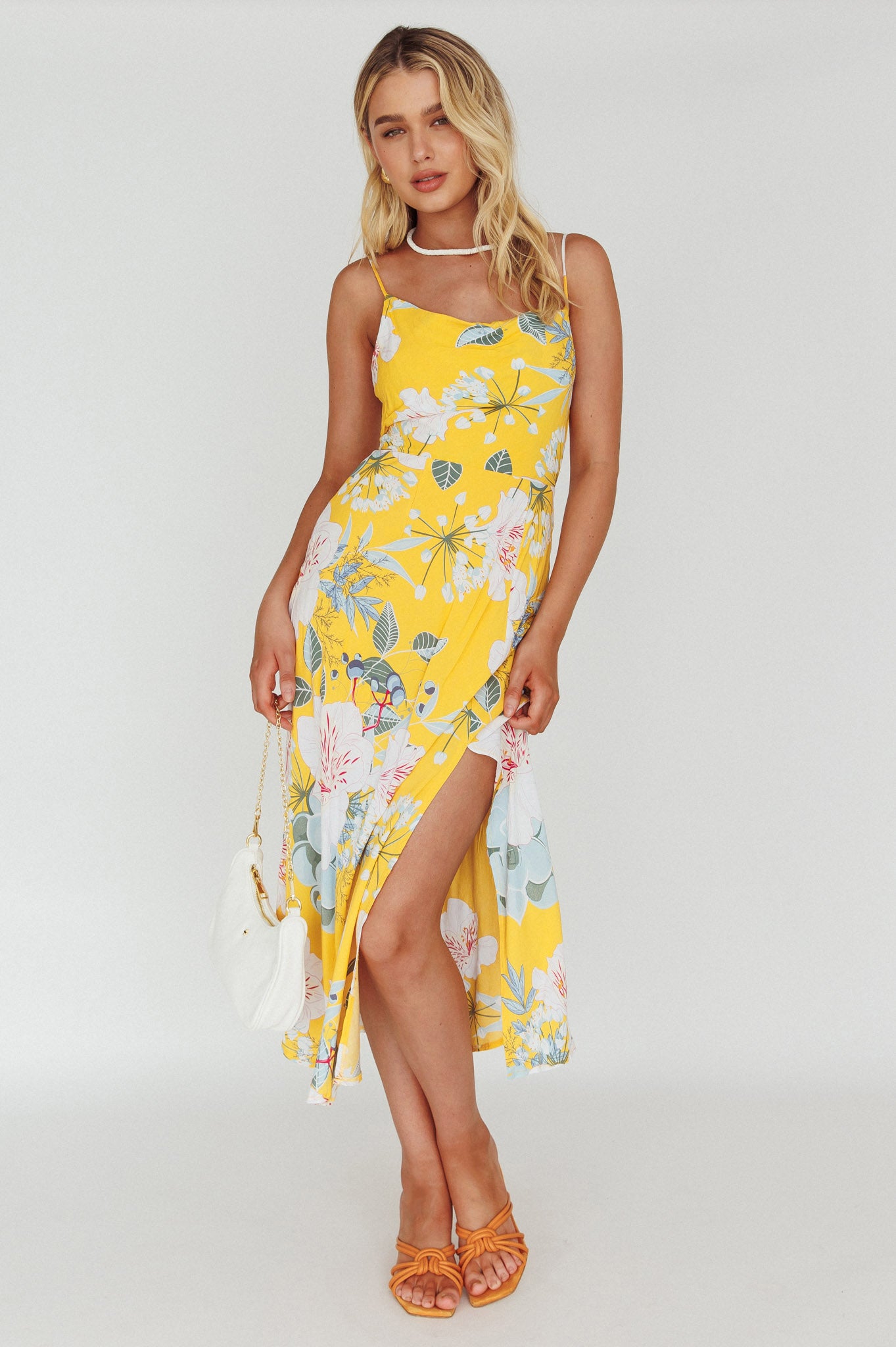 mustard yellow high low dress Suki Front Split Midi Dress Lily Mustard