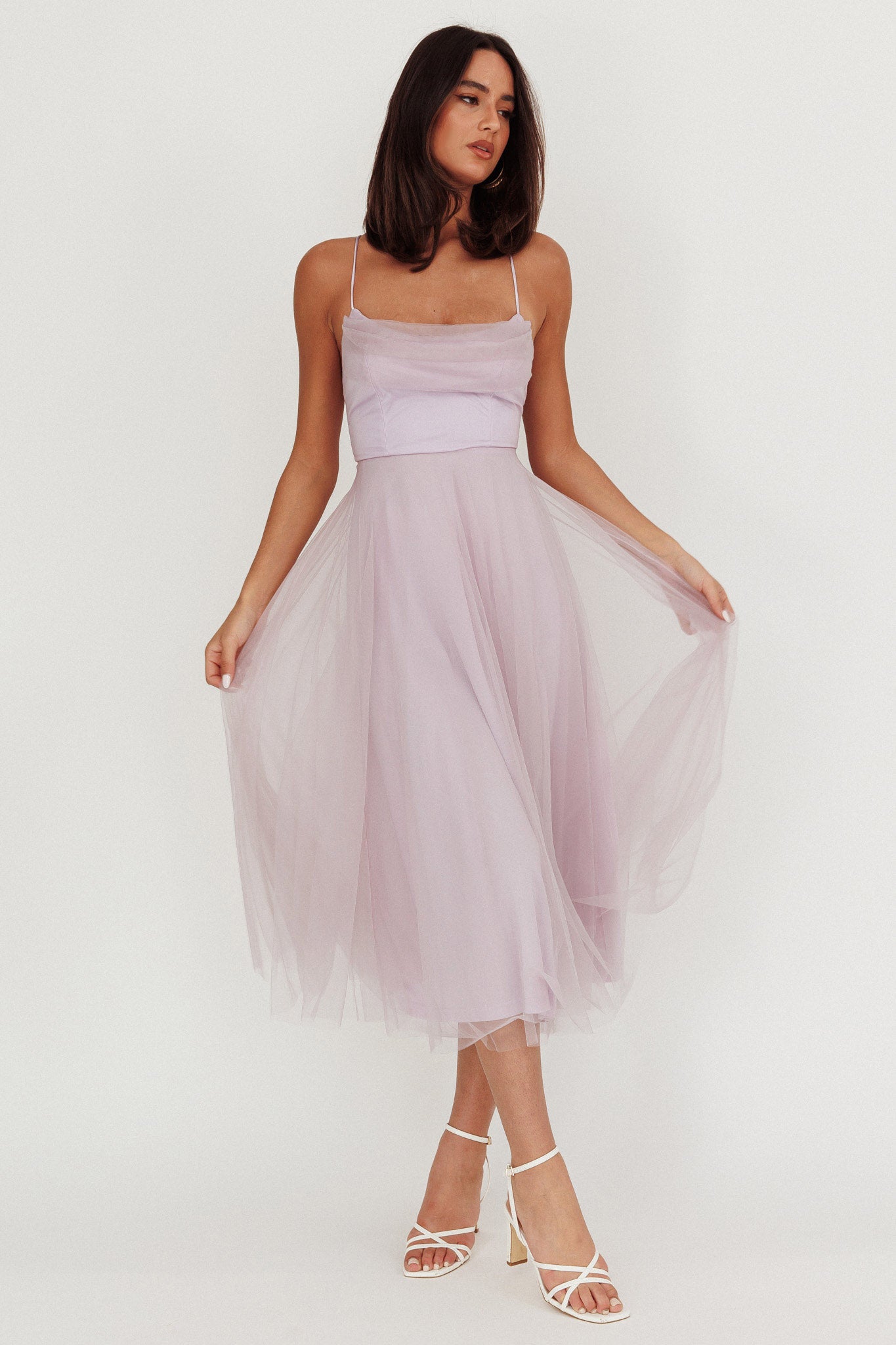 Floating By Pleated Neckline Mesh Midi Dress Lilac XL