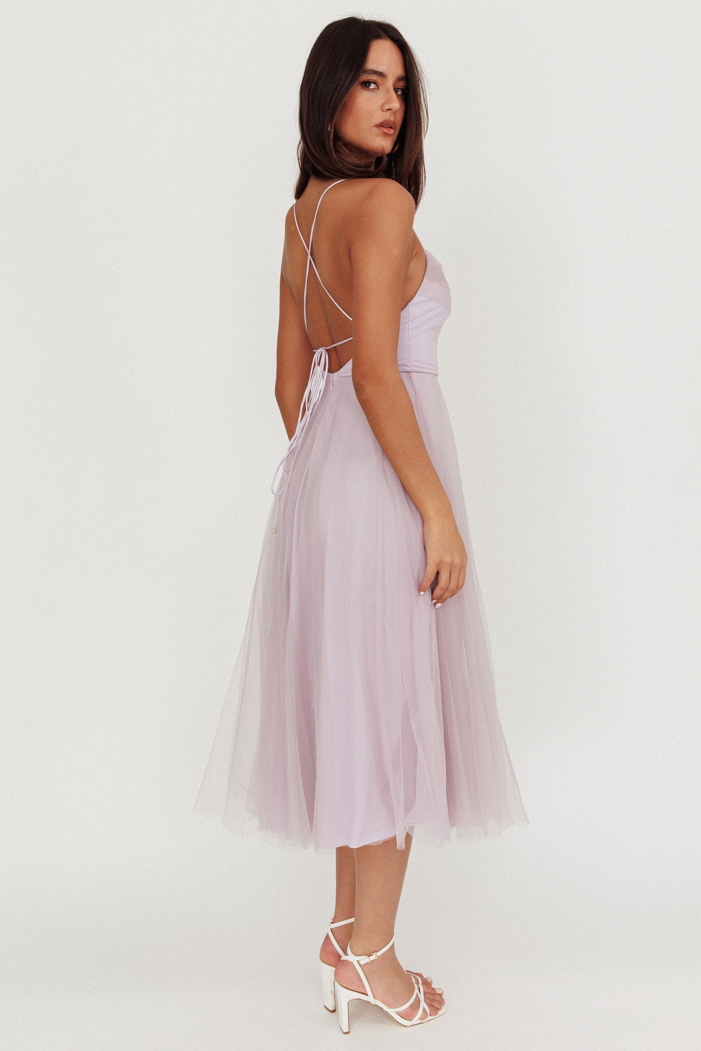 Floating By Pleated Neckline Mesh Midi Dress Lilac by Selfie Leslie