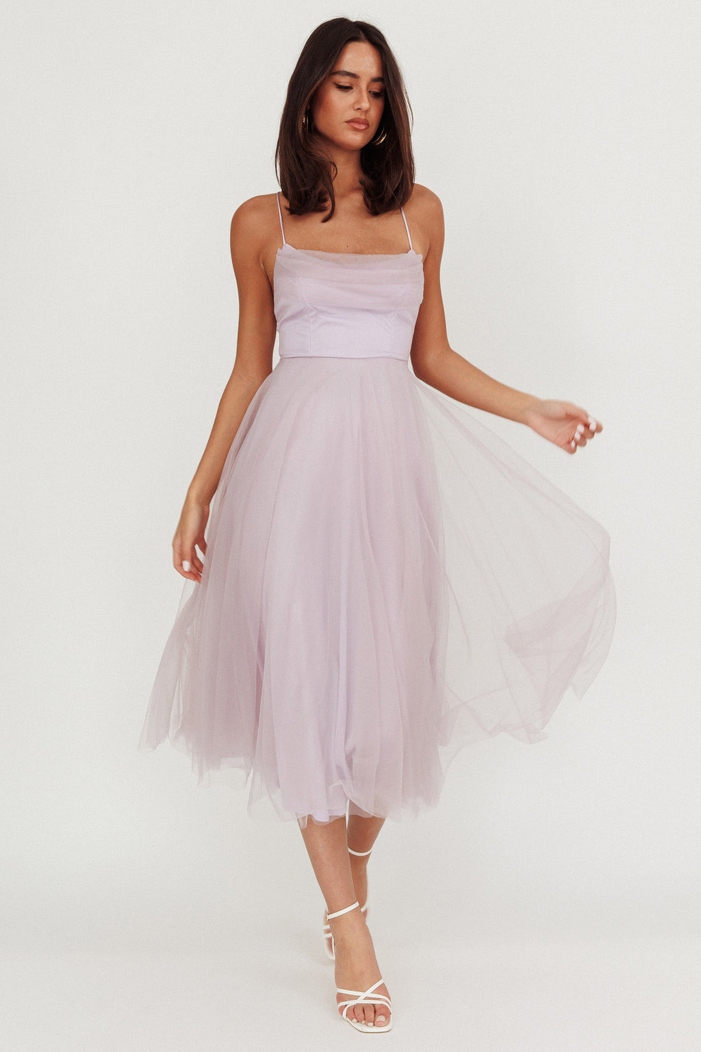 Floating By Pleated Neckline Mesh Midi Dress Lilac - XS Floating By Pleated Neckline Mesh Midi Dress Lilac - XS