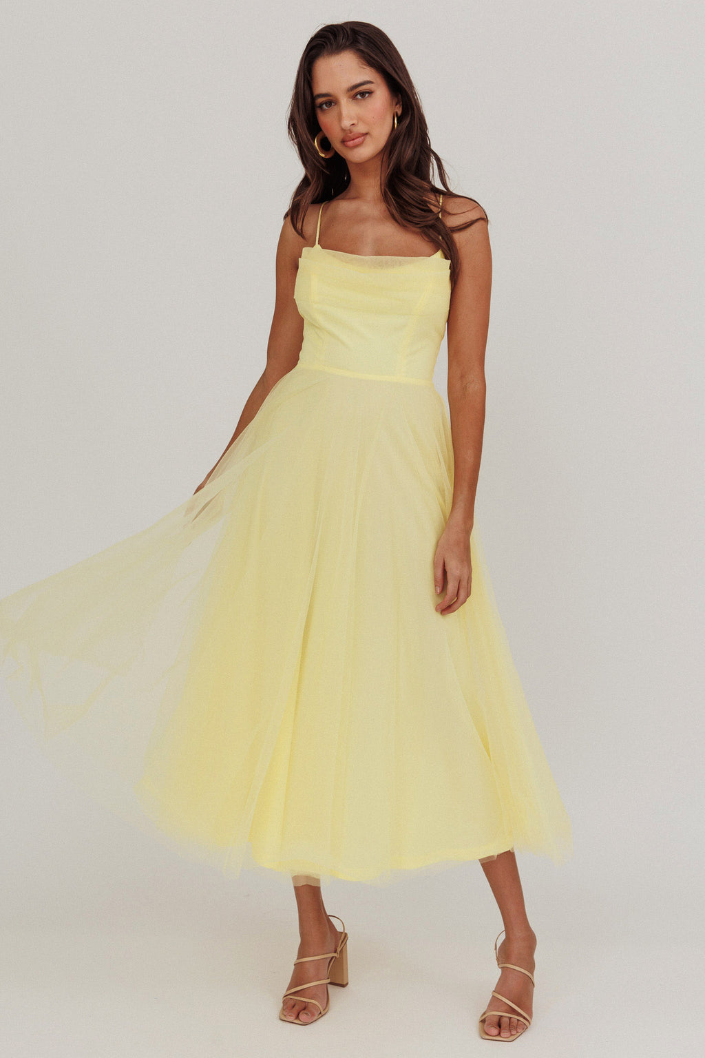 Floating By Pleated Neckline Mesh Midi Dress Yellow by Selfie Leslie
