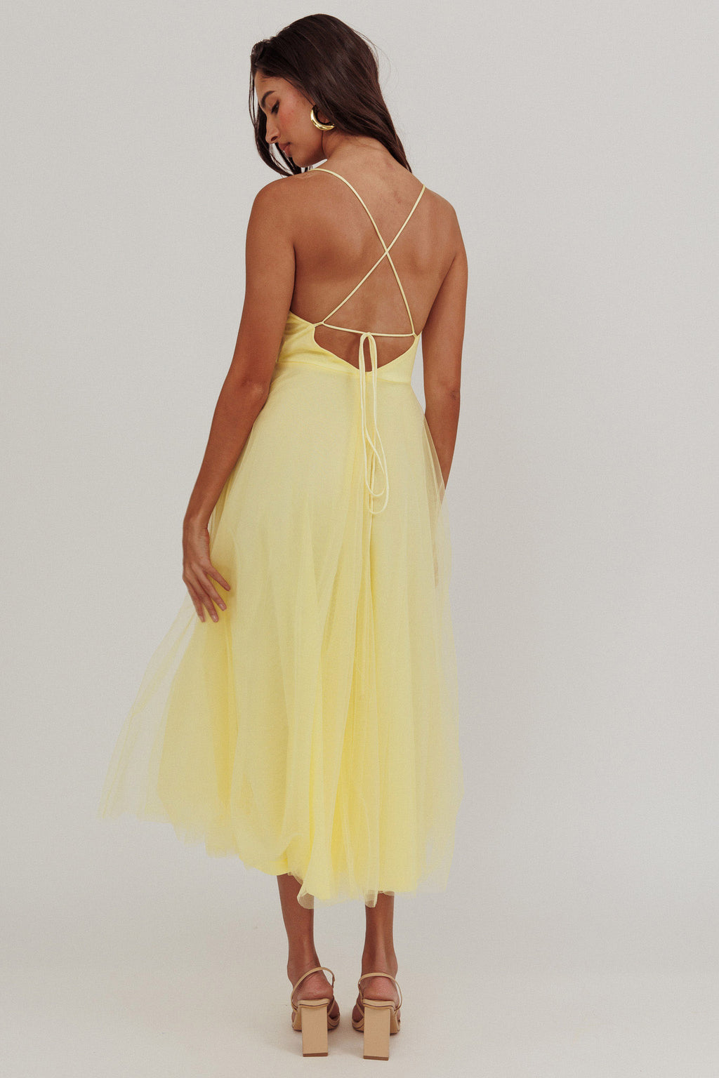Floating By Pleated Neckline Mesh Midi Dress Yellow by Selfie Leslie
