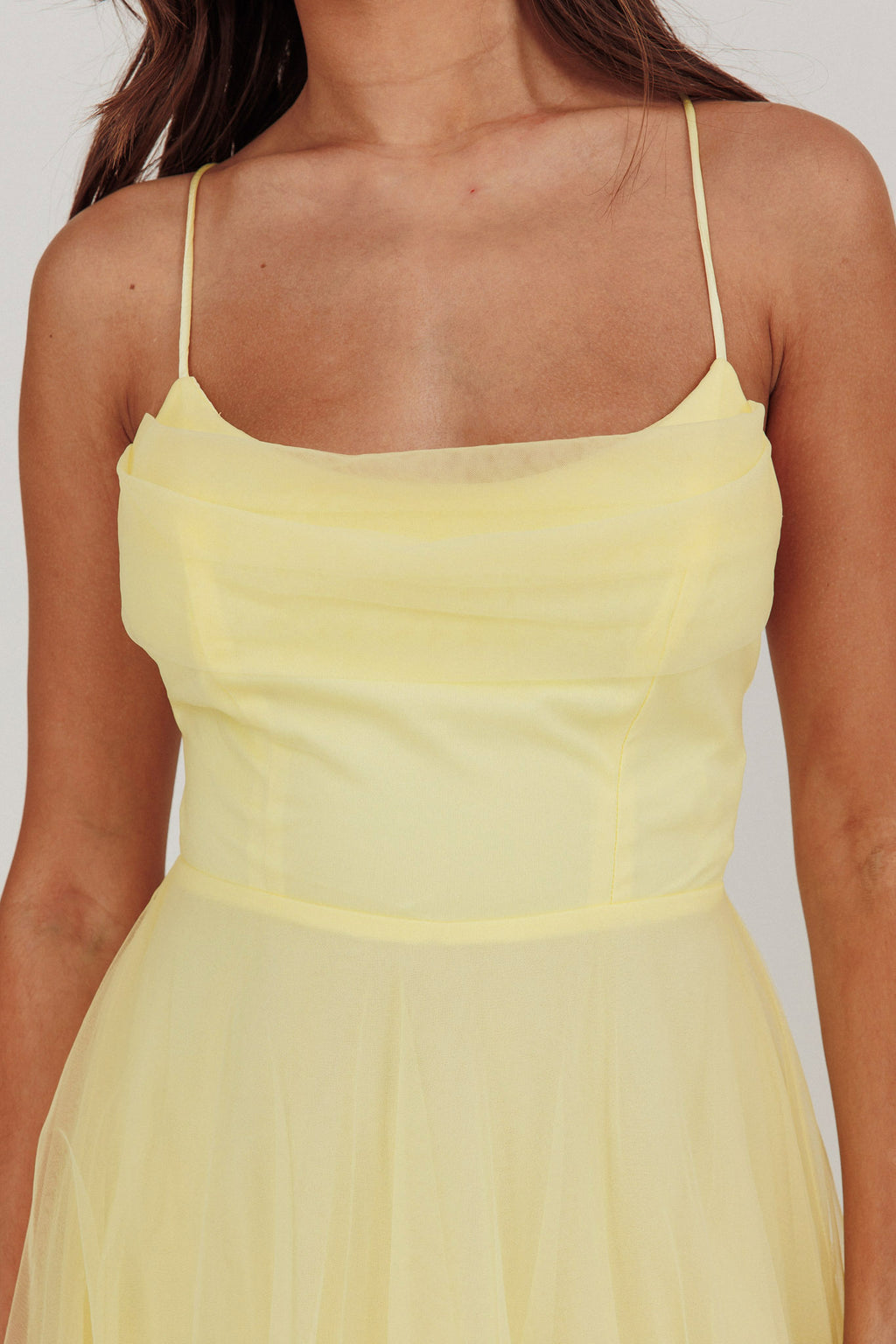 Floating By Pleated Neckline Mesh Midi Dress Yellow by Selfie Leslie