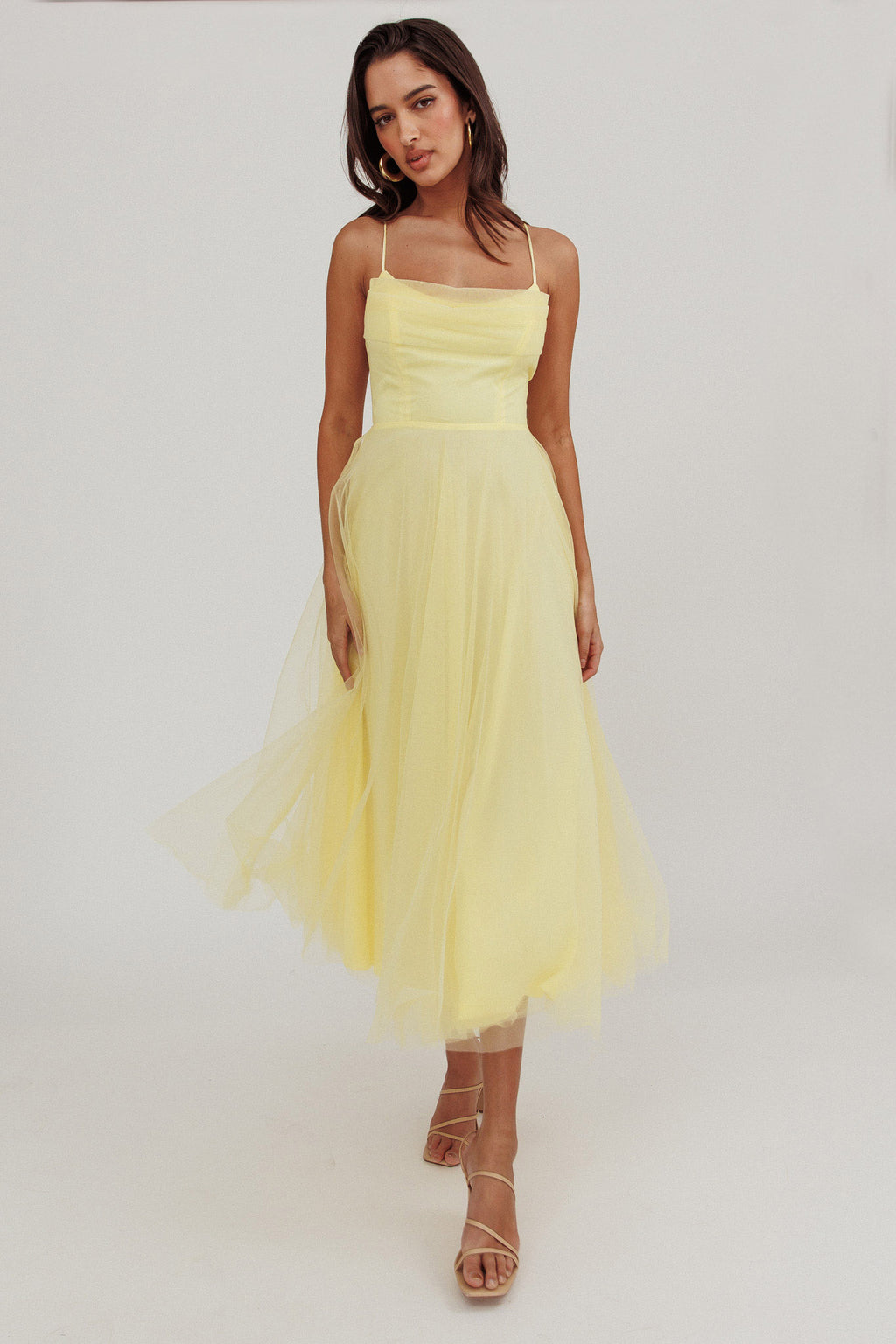 Floating By Pleated Neckline Mesh Midi Dress Yellow by Selfie Leslie