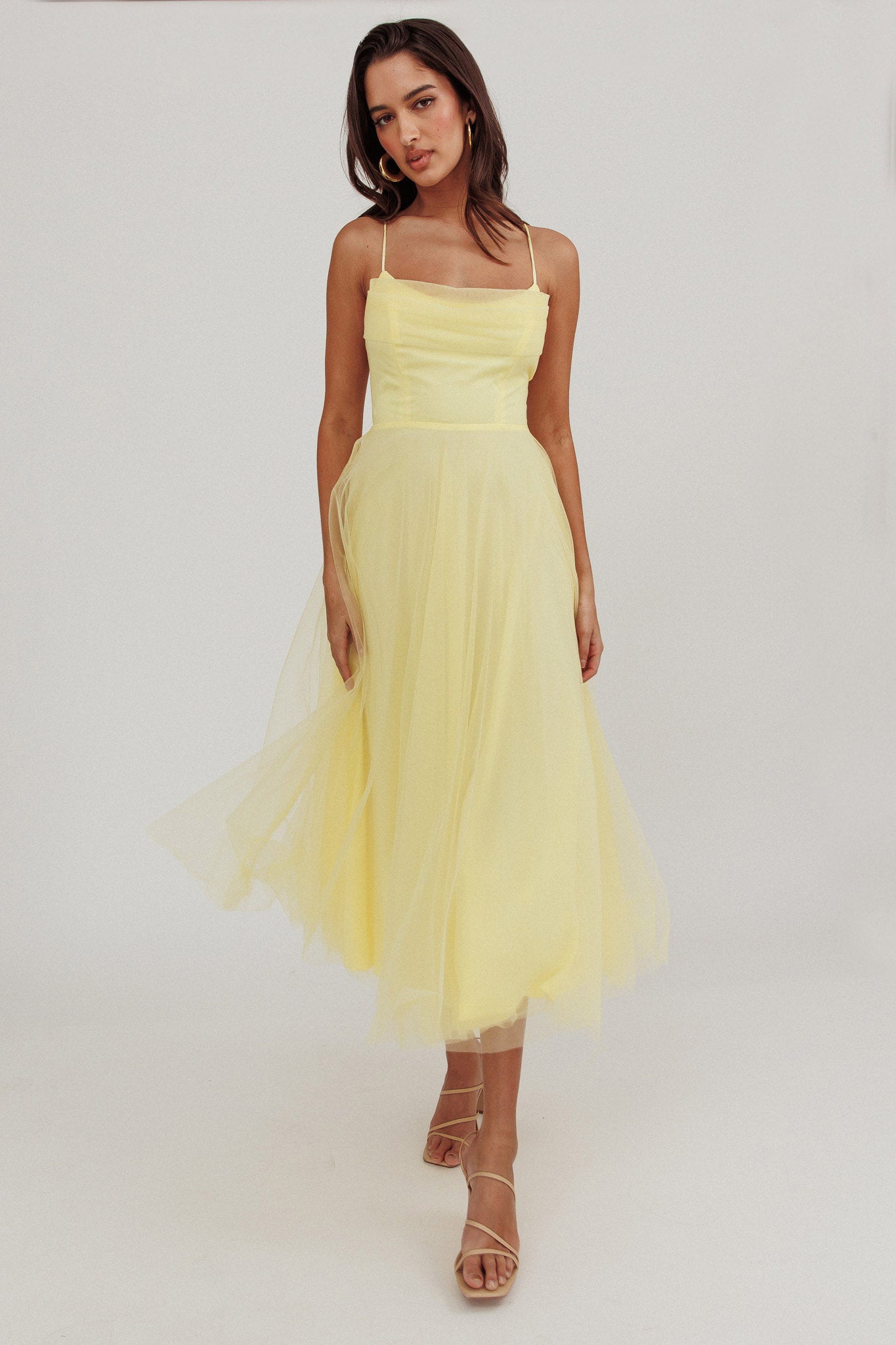 Floating By Pleated Neckline Mesh Midi Dress Yellow by Selfie Leslie