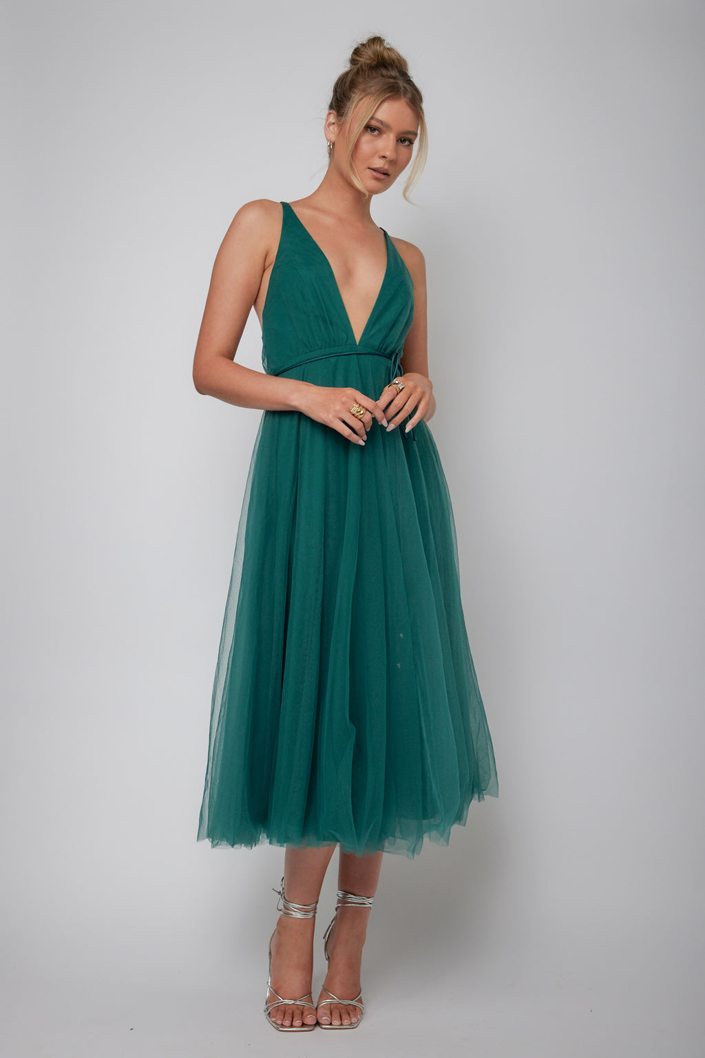 Floating By Plunging Neckline Mesh Overlay Midi Dress Forest Green by Selfie Leslie