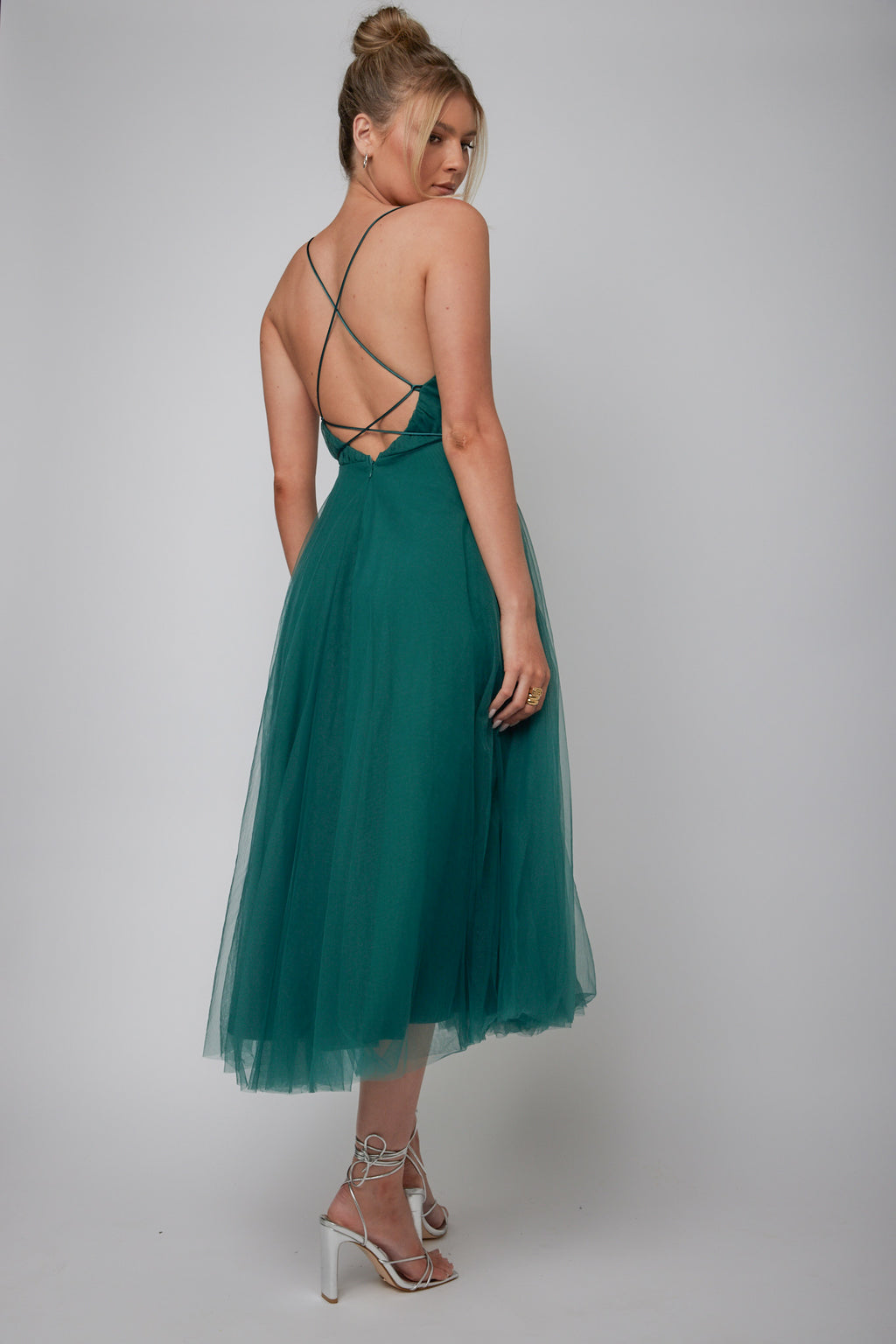 Floating By Plunging Neckline Mesh Overlay Midi Dress Forest Green by Selfie Leslie