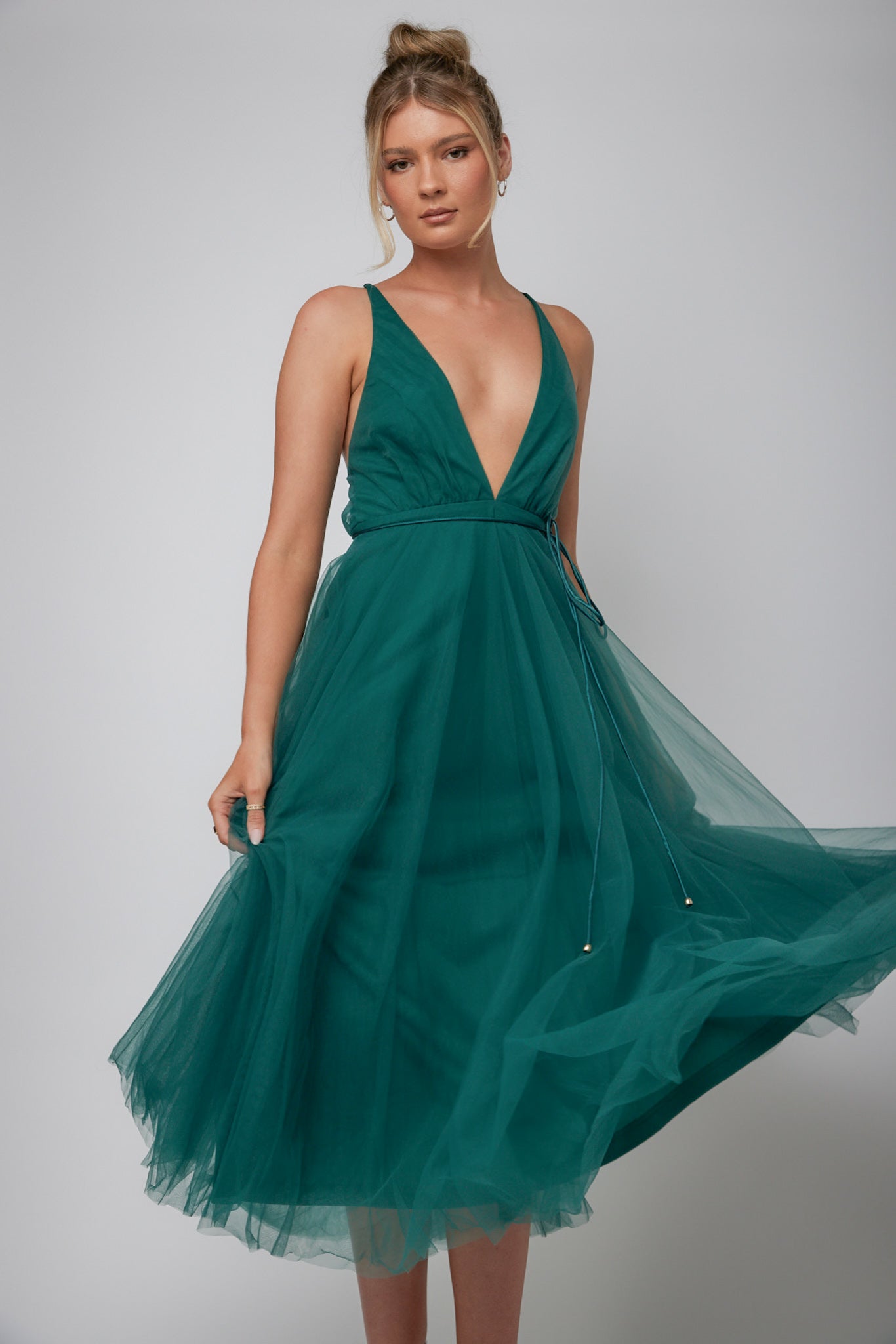 Floating By Plunging Neckline Mesh Overlay Midi Dress Forest Green by Selfie Leslie