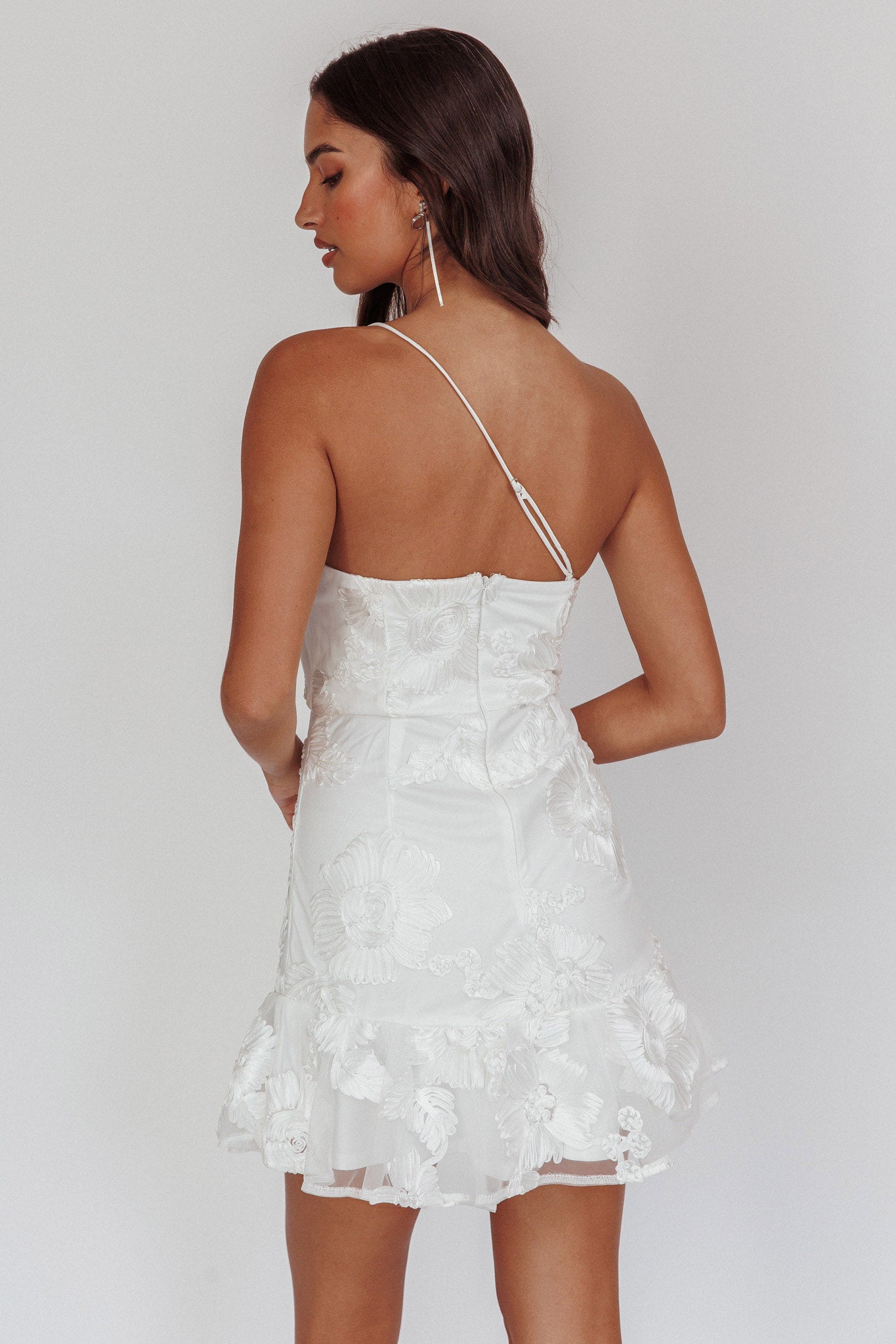 lilah one shoulder embellished dress white open lace back dress Lilah One Shoulder Embellished Dress White