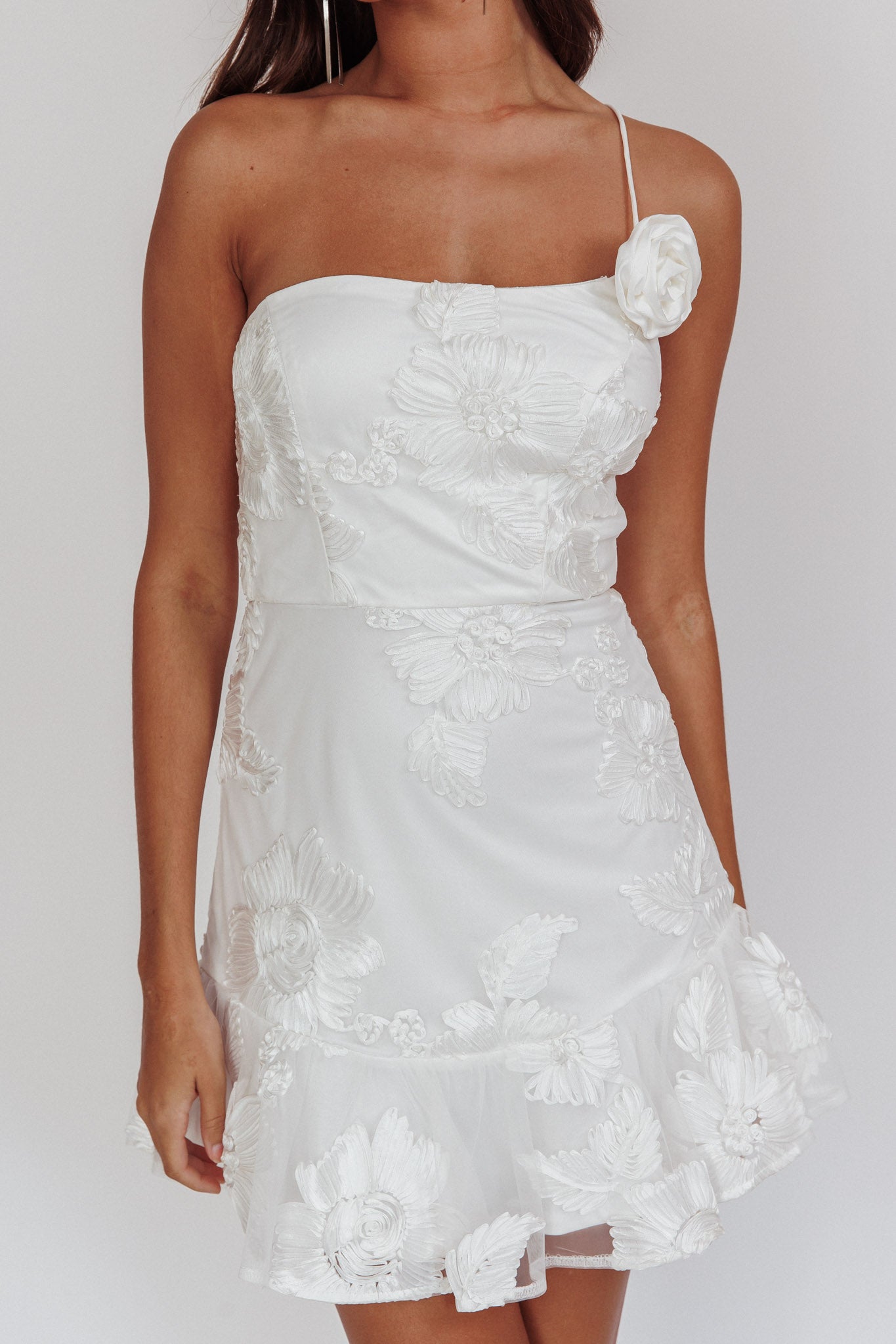lilah one shoulder embellished dress white Sorority White Ruffle One Shoulder Dress Lilah One-Shoulder Embellished Rosette Dress White M